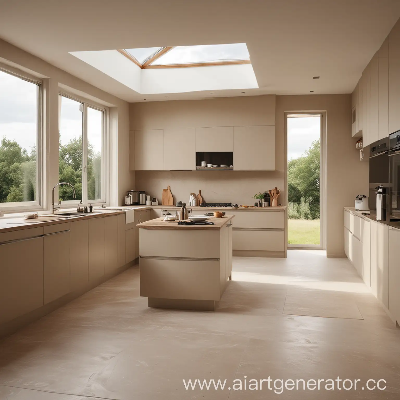 Реалистичный дизайн совмещенной кухни и гостиной в минималистическом стиле, в спокойных песочных оттенках, с панорамными окнами