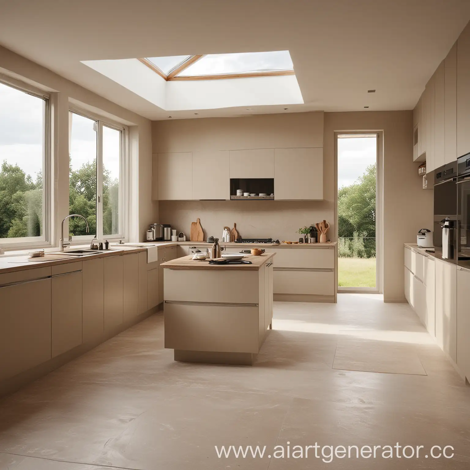 Minimalist-Kitchen-and-Living-Room-Design-in-Calm-Sandy-Tones-with-Panoramic-Windows