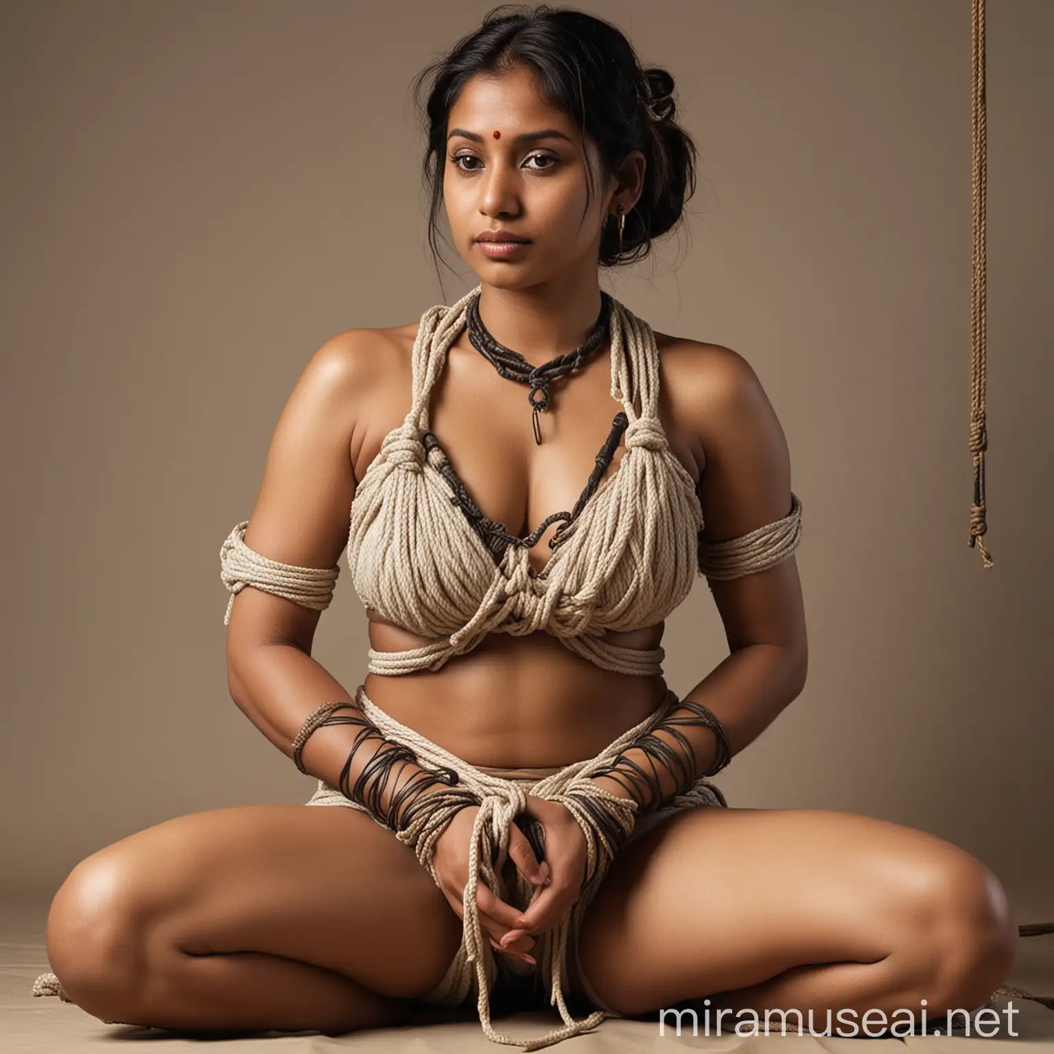 Indian Woman in Extreme Shibari with Hands Bound Behind Her Back