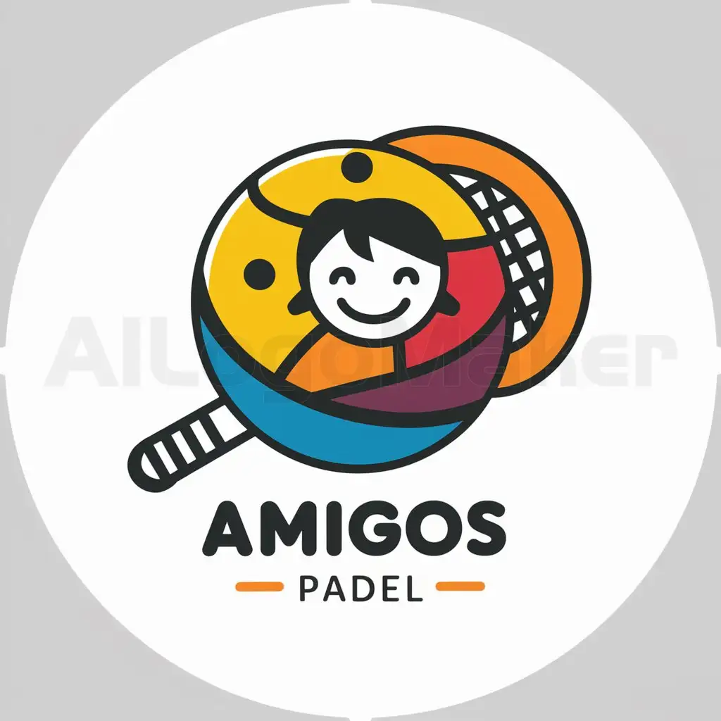 a logo design,with the text "Amigos Padel", main symbol:padel ball with a kid and padel racket, vibrant colors for kids,Moderate,be used in Sports Fitness industry,clear background