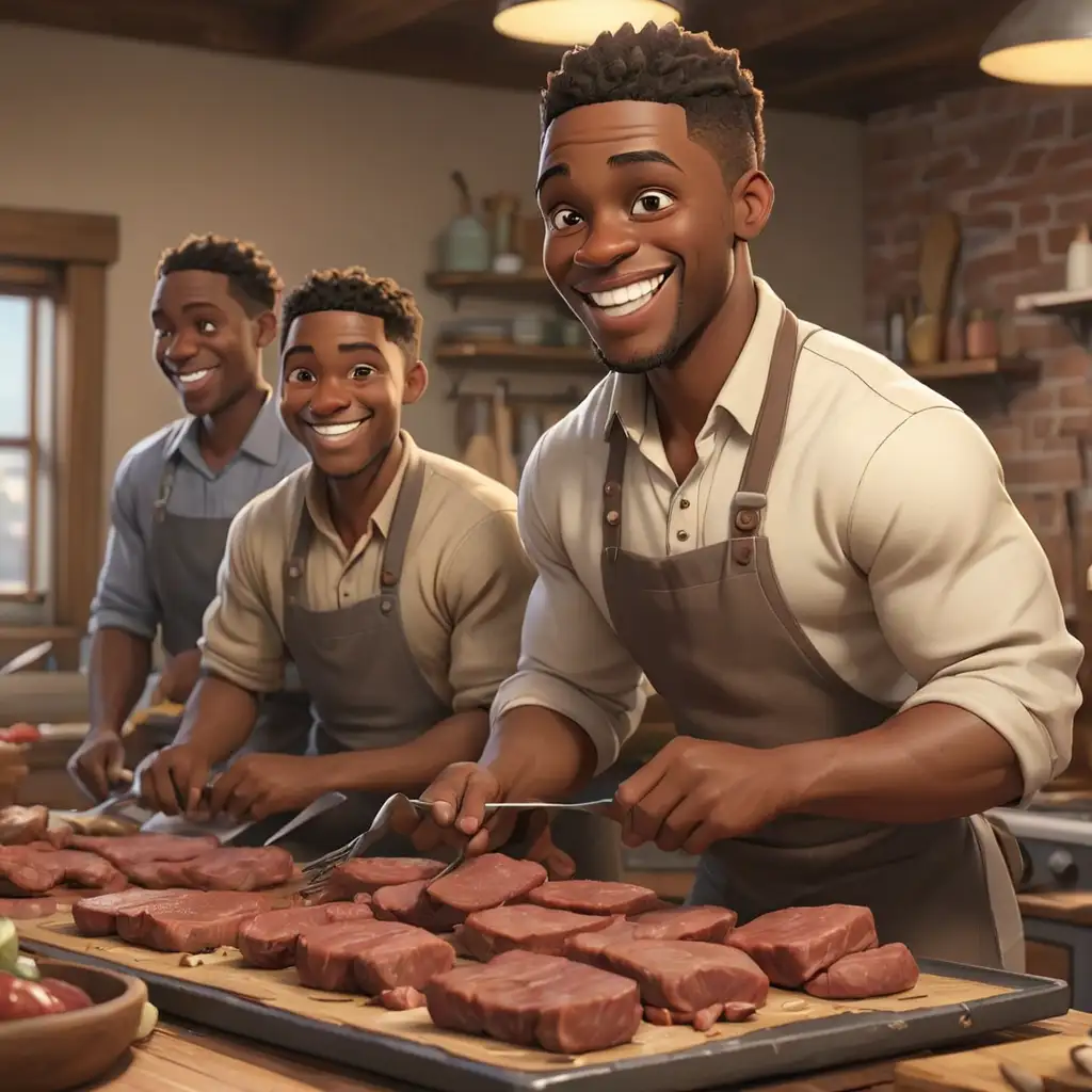 defined 3D Cartoon-style African American men preparing meat
smiling