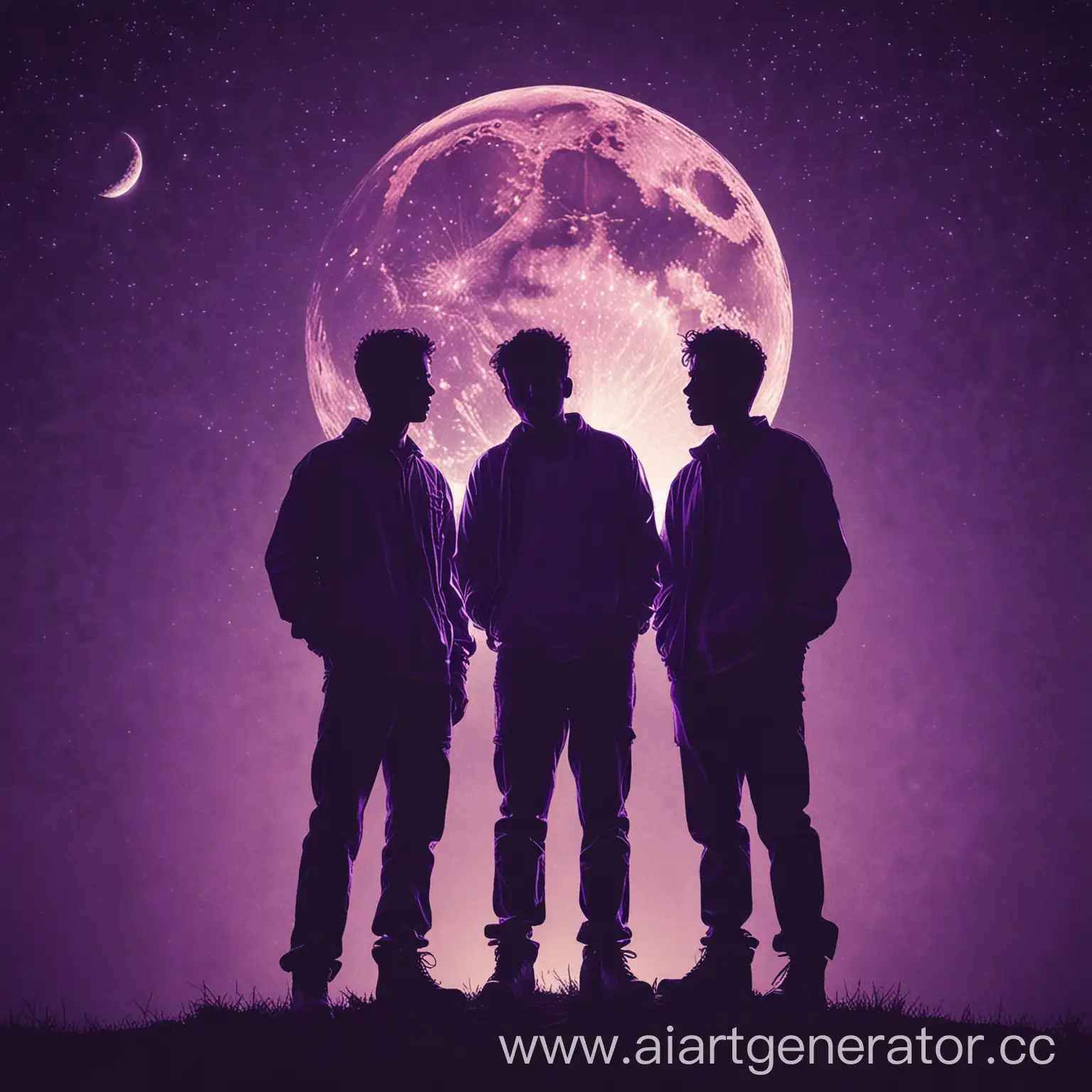 обложка на музыкальный альбом с названием "autotune" фиолетового цвета.на ней изображены  силуэты трех парней и луна 