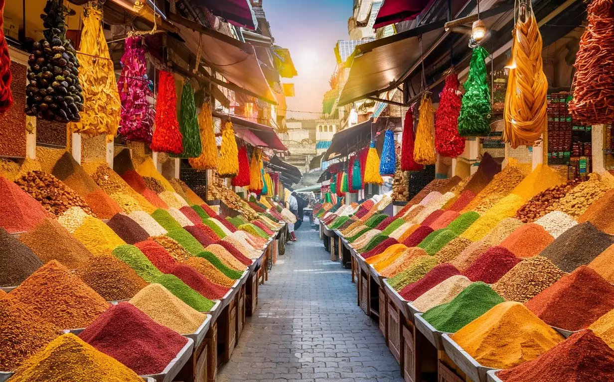 A bustling spice market, with vendors hawking an array of aromatic spices in vibrant hues, creating a feast for the senses. 8k