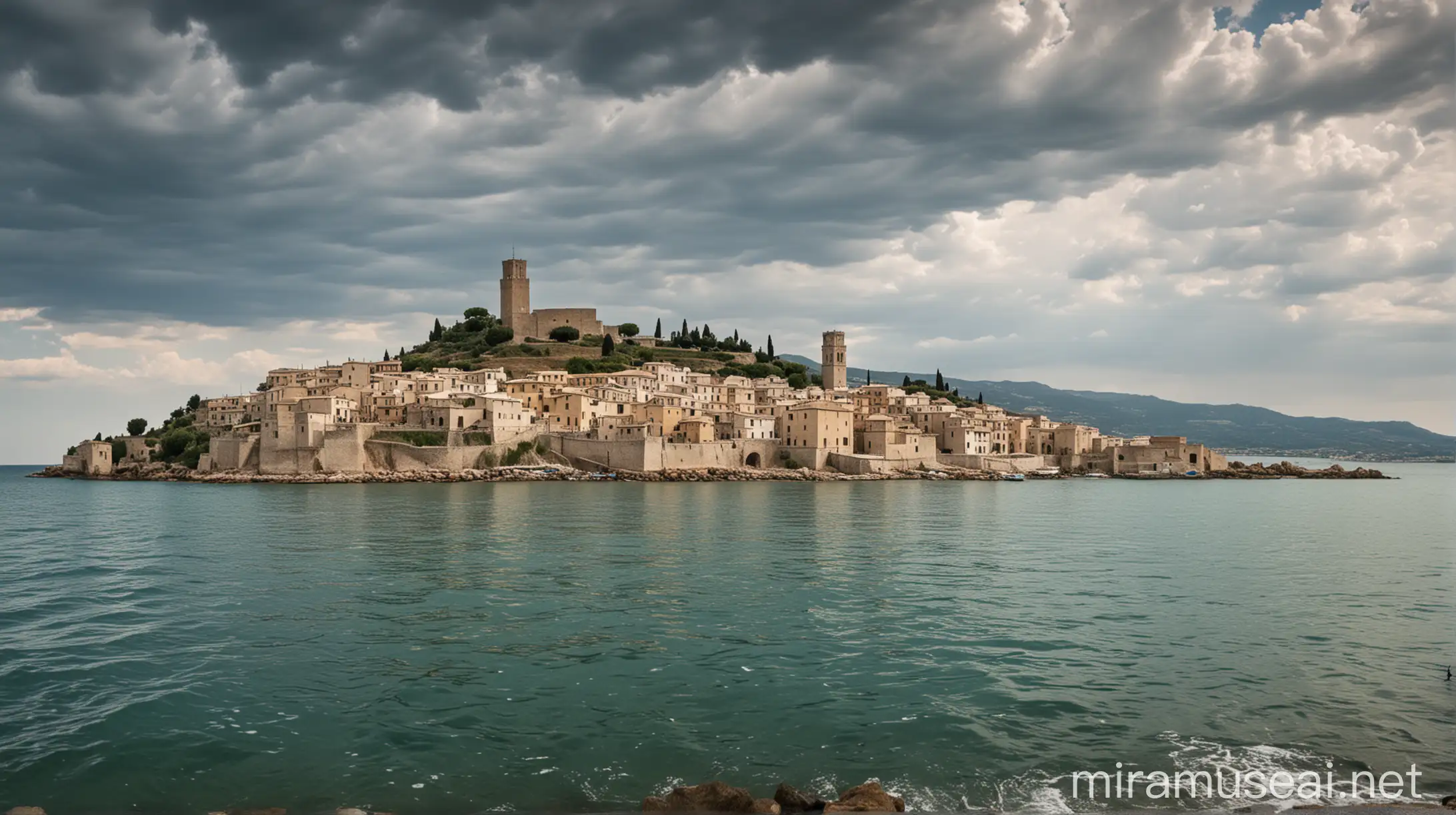 sea panorama of a south Italian village, with a defensive tower and small fishermen houses