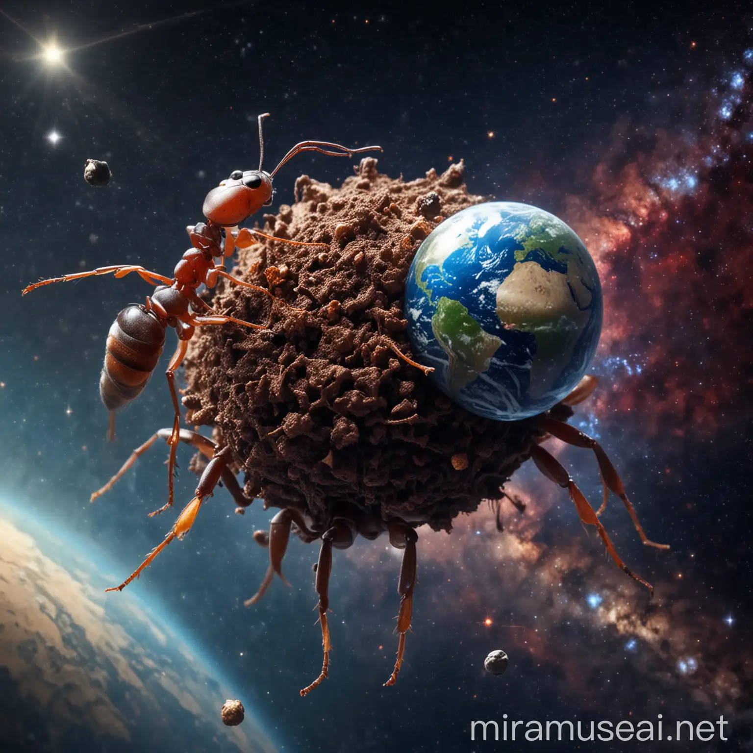An ant carrying actual earth on her back in space