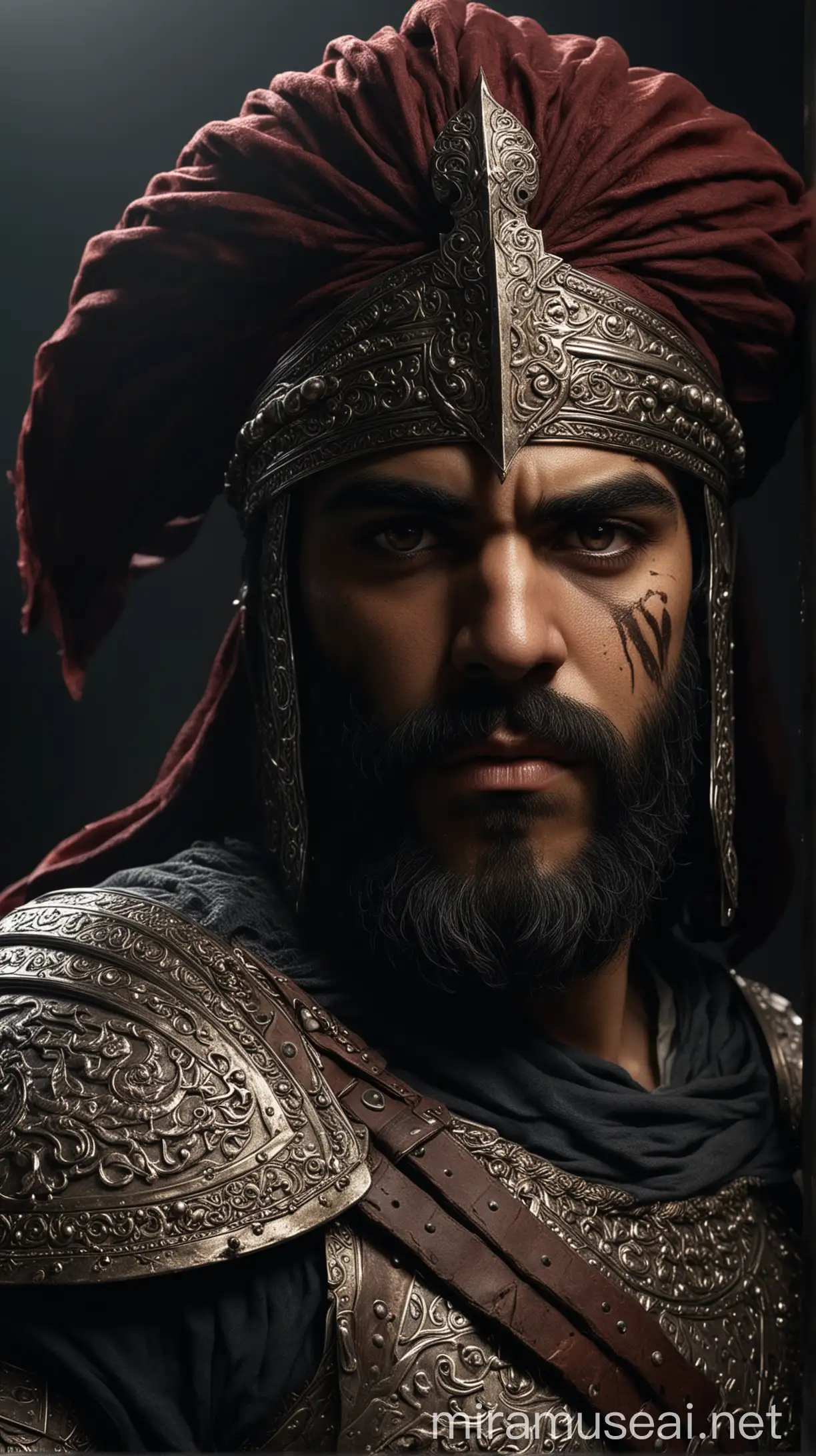 Use an image of an elite Persian warrior in dramatic lighting, emphasizing mystery and strength. hyper realistic