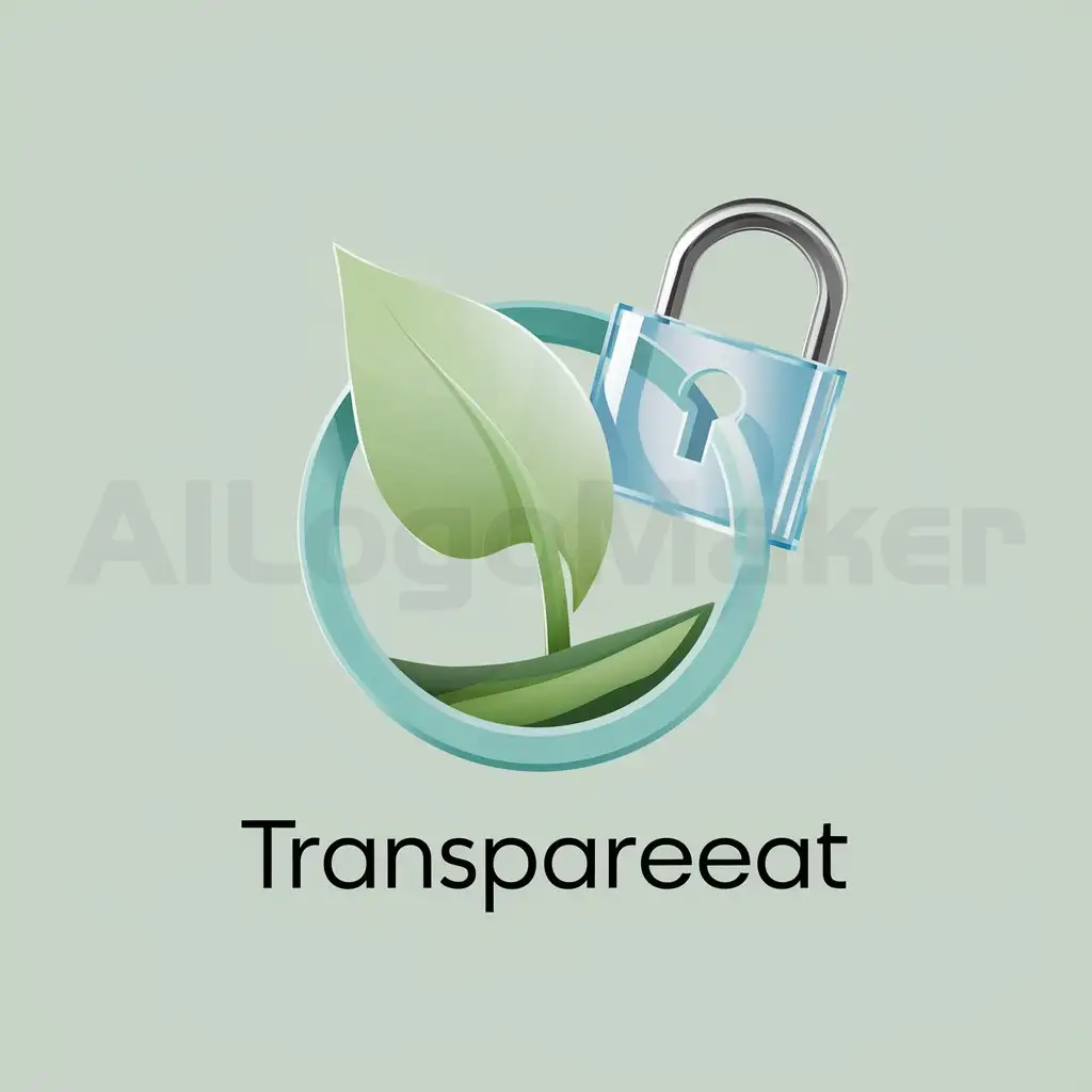 a logo design,with the text "TransparEat", main symbol:A stylized green leaf (using light green) that comes from the center of the circle, representing nature and food origin. A transparent light blue lock behind the leaf, symbolizing security and blockchain technology.,Moderate,clear background