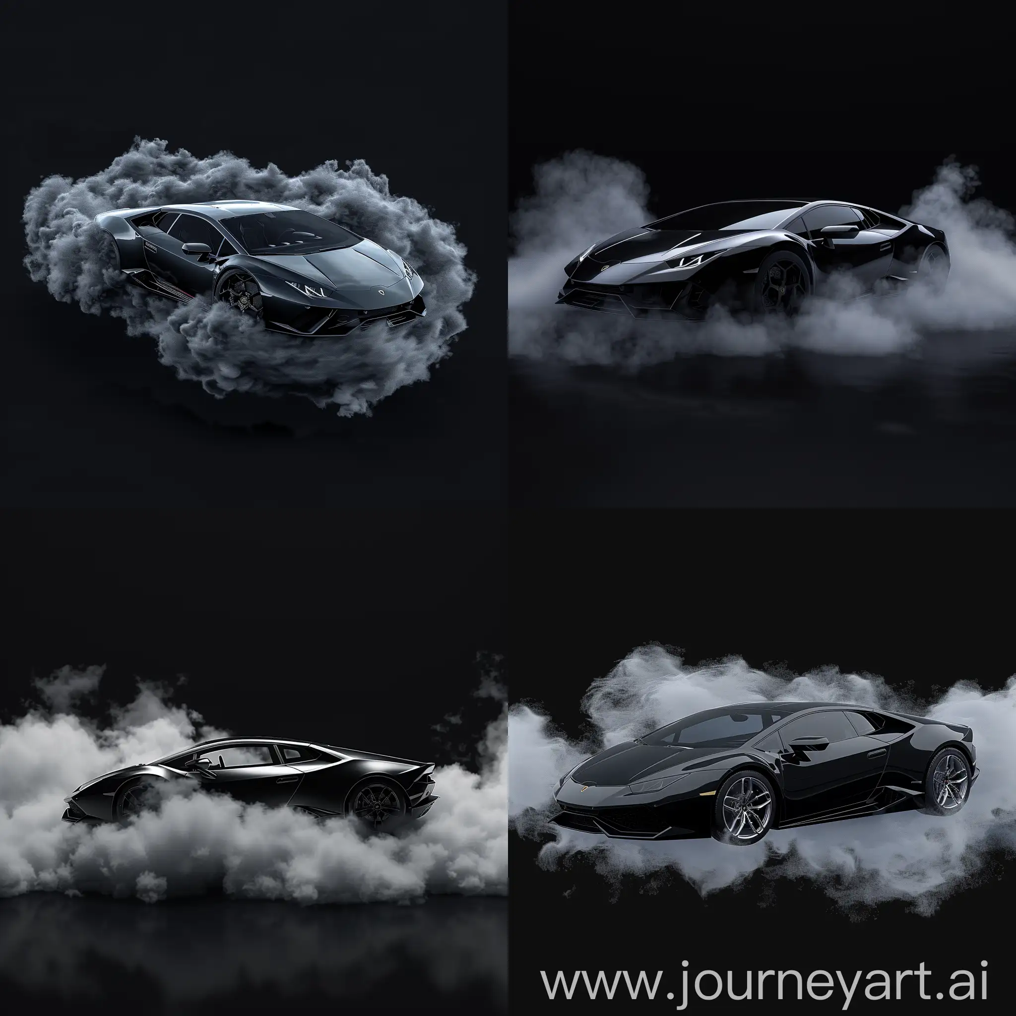 A black Lamborghini in a thick cloud levitating on a black background. The 3D rendering style is realistic