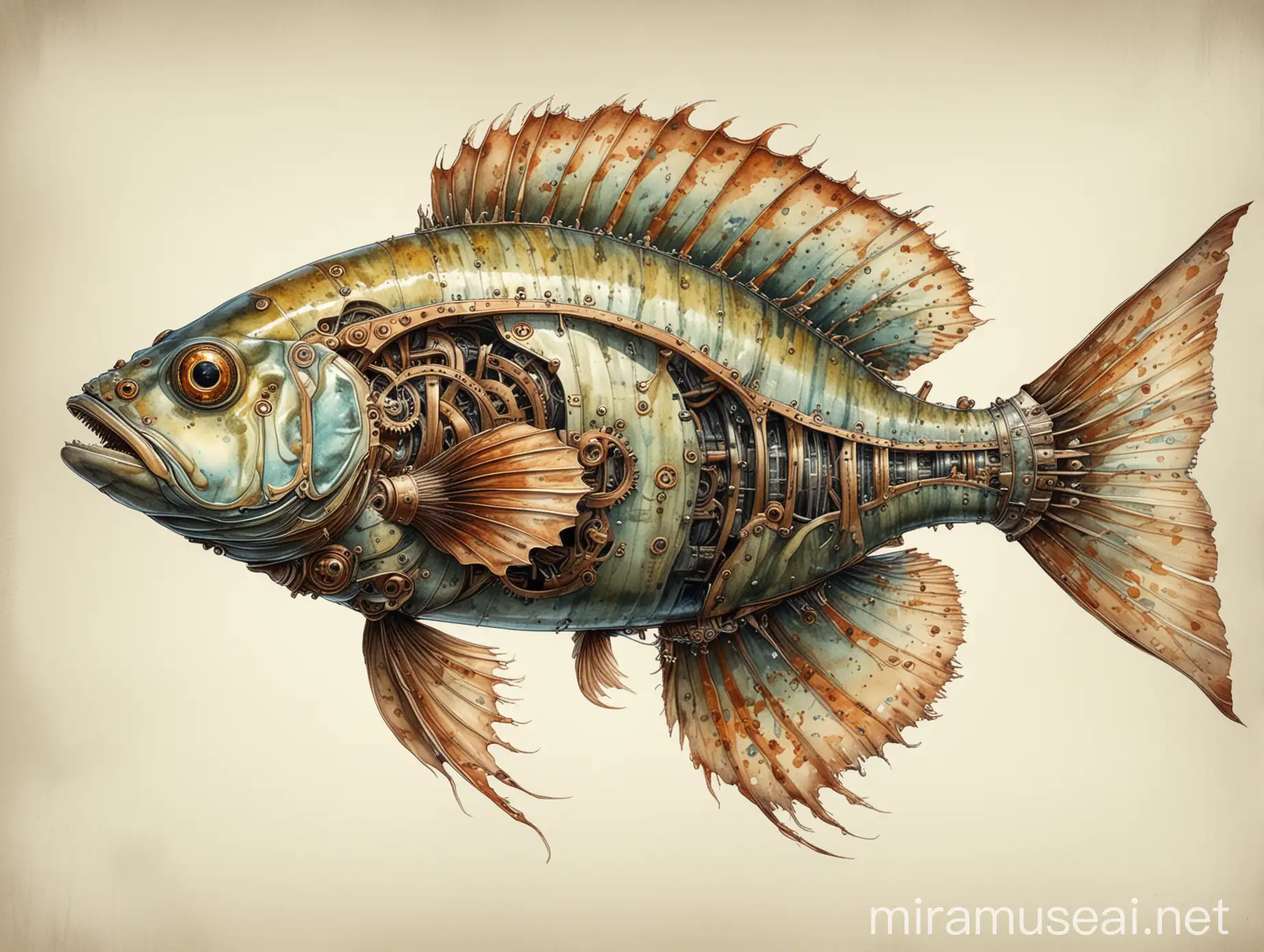 Imagine un dessin technique précis d'un poisson carnassier, steampunk, avec tous les détails anatomiques soigneusement rendus; avec de belles ombres, style aquarelle