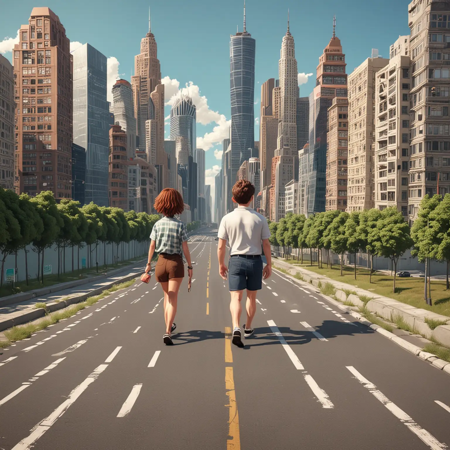 Cartoon-Friends-Walking-Along-a-City-Road-with-Skyscrapers-in-the-Background