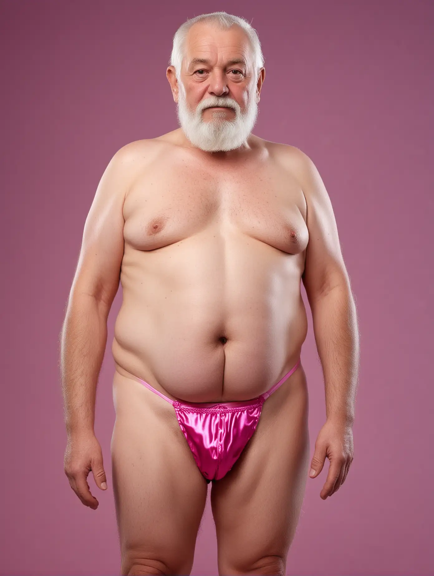 Chubby Elderly Man in Pink Thong on Blue Background | AI Image Generator