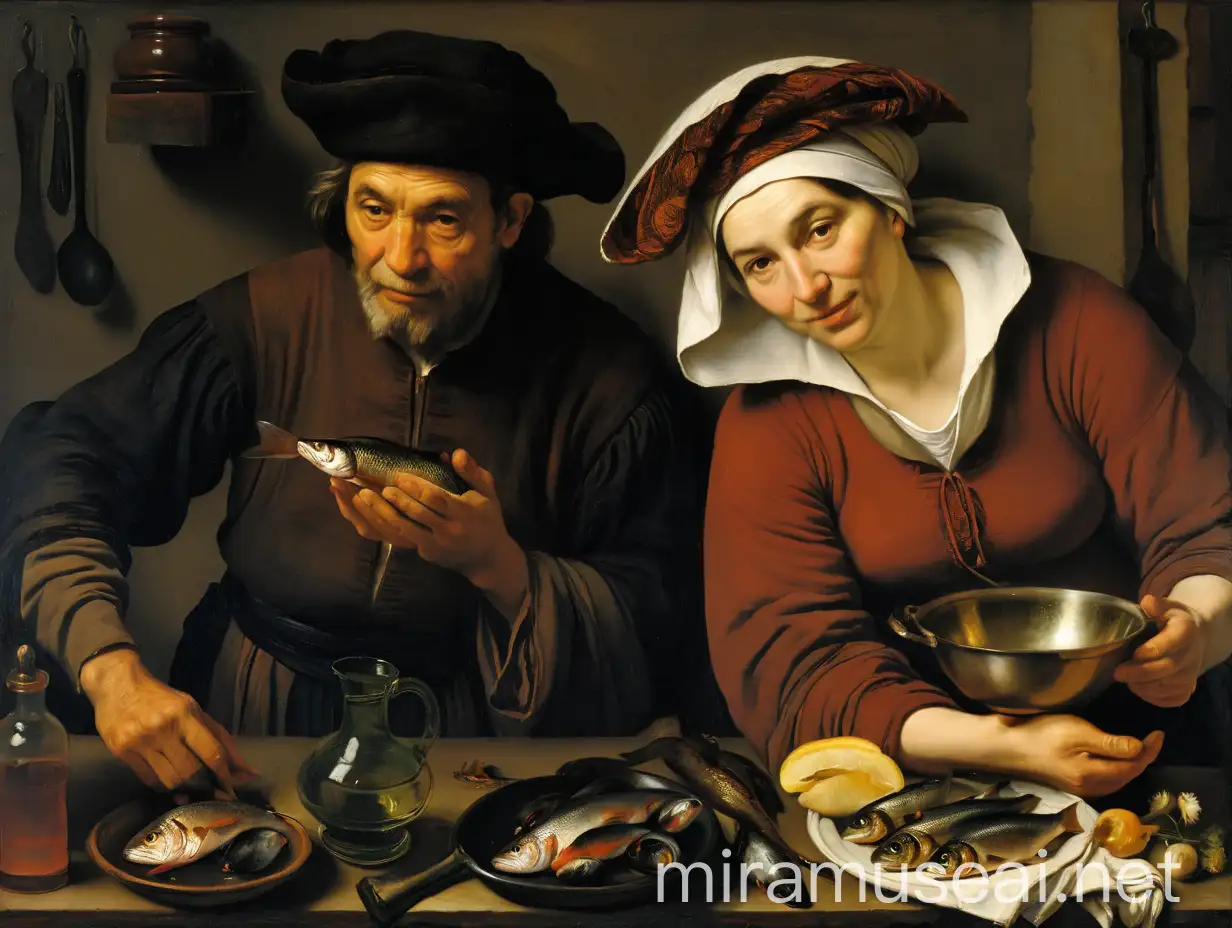 Chiaroscuro Painting Quentin MatsysInspired Scene with Old and Young Women Cooking Fish