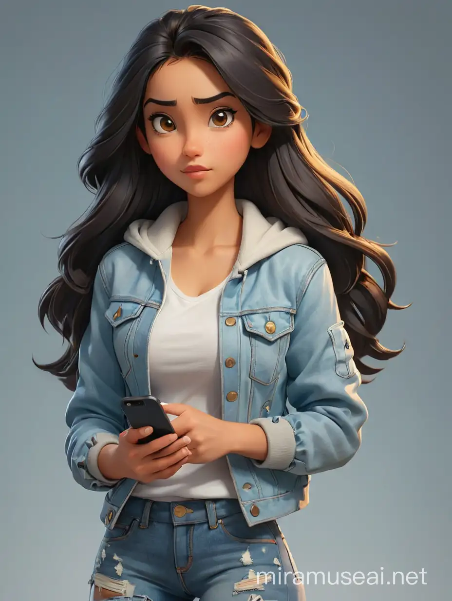 A serious girl in cartoon style in cartoon style, like Jasmine, long dark hair, arms crossed over  chest, white T-shirt, light denim jacket, blue jeans, holds a phone in hand, 2 different poses, thoughtfully bites the tip of a pencil, 2 poses, maximum detail, best quality, HD, gorgeous light and shadow, detailed design, 3D quality
