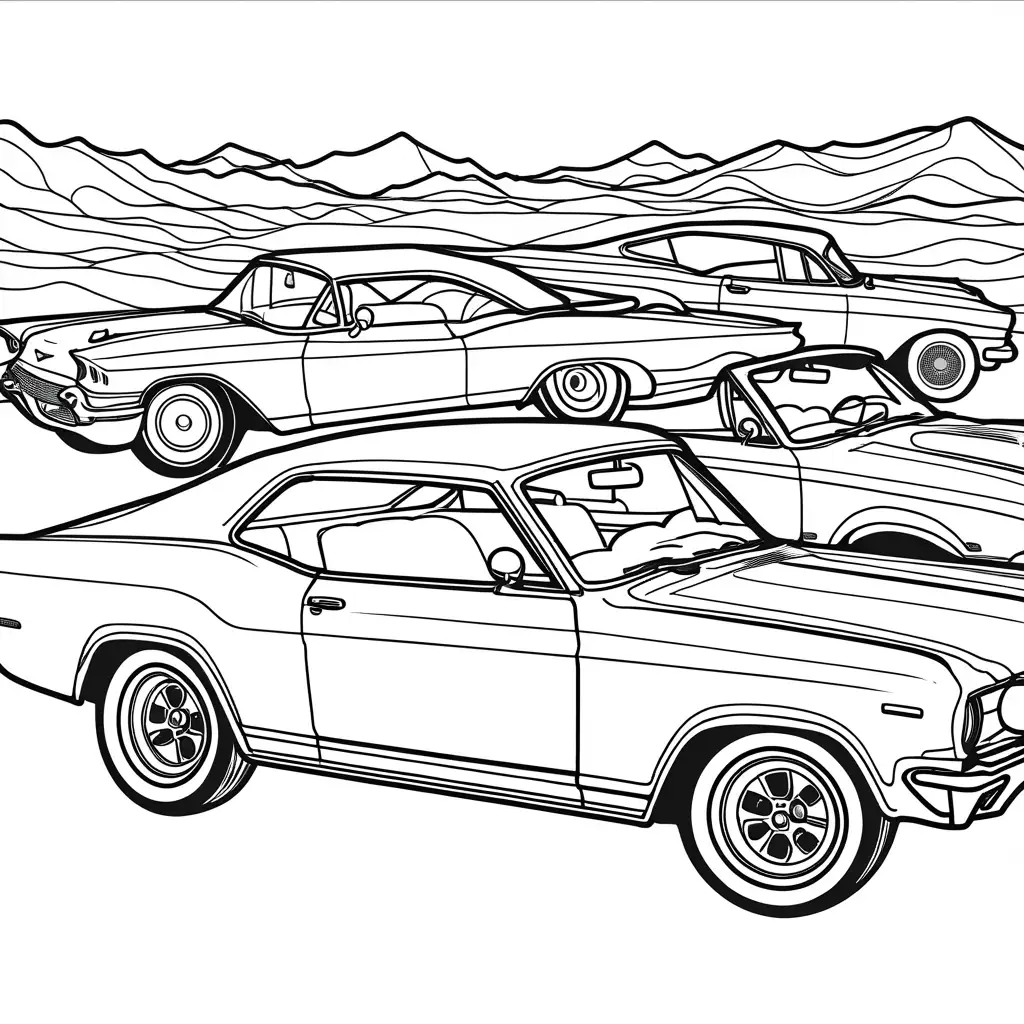 cars, Coloring Page, black and white, line art, white background, Simplicity, Ample White Space