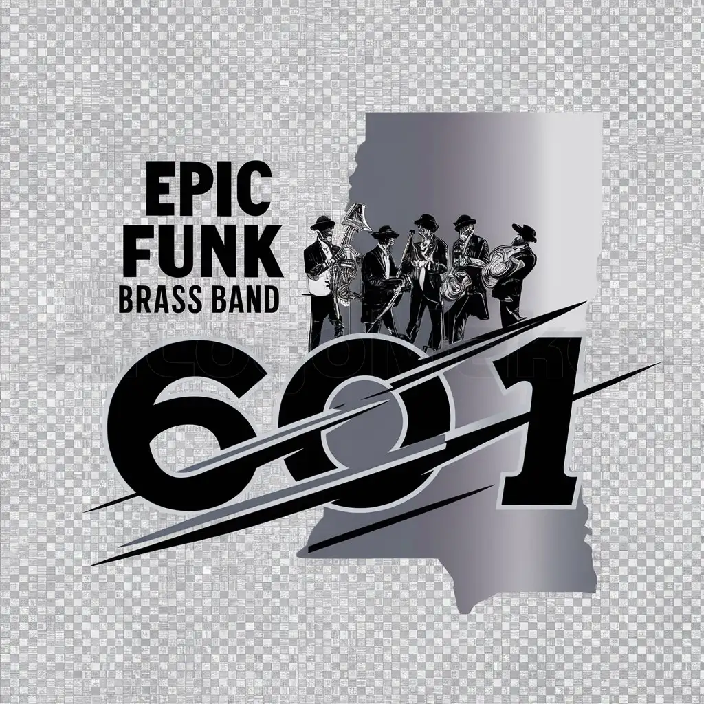 a logo design,with the text "Epic Funk Brass Band looking gangsta slashing through with the state of Mississippi. Transparent", main symbol:Big 601 in Background,Moderate,clear background