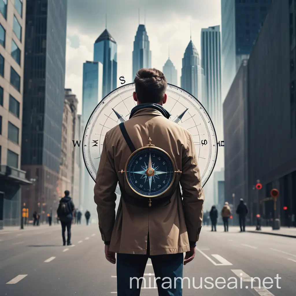a man standing  with a back of a viewer, he stands  on the a street of a city with high buildings a  big visible compass  hnaging at tle level of his face. in the air. He uses it to go aheaad and find the way 