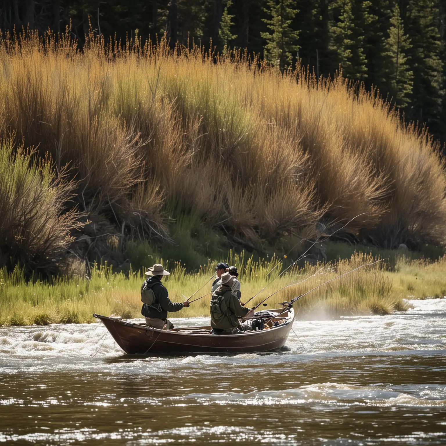 two fishermen in a drift boat in Montana, casting towards the bank with fly rods.
