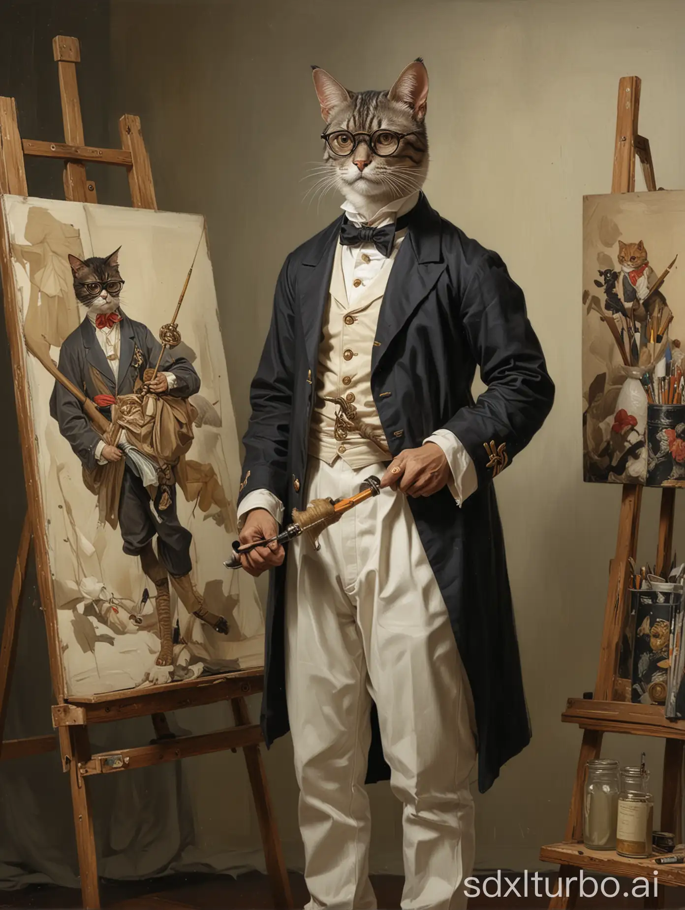 A full body shot. A male Painter, of Indonesian descent, wearing octagon-shaped eyeglasses. 1800 era. In a painting studio full of art supplies. Has a marine coone cat pet. in Leyendecker Painting style.