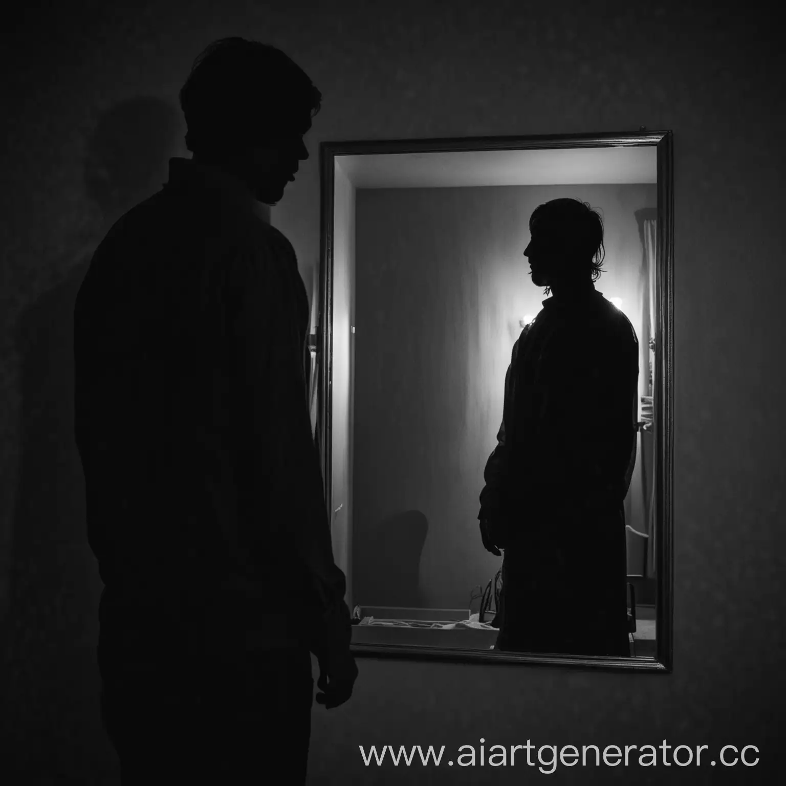 A man looks in the mirror, there is only his shadow in the mirror, there is no face, only a silhouette, it is dark, scary