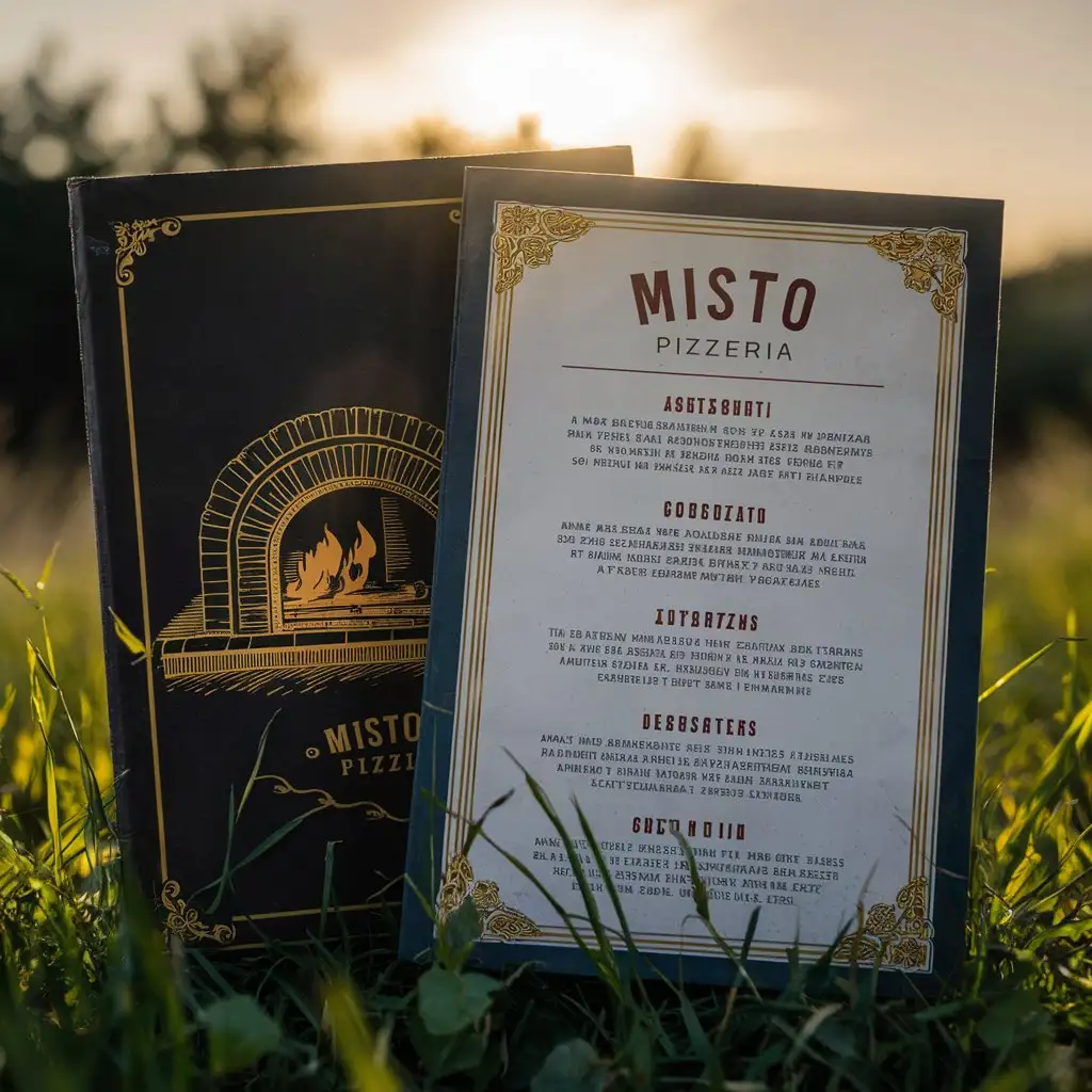 Misto Pizzeria, Vintage menu, Classic menu, Elegant menu, Decorated edge menu, Sketched Oven menu cover, A4, Grass field background, Golden hour