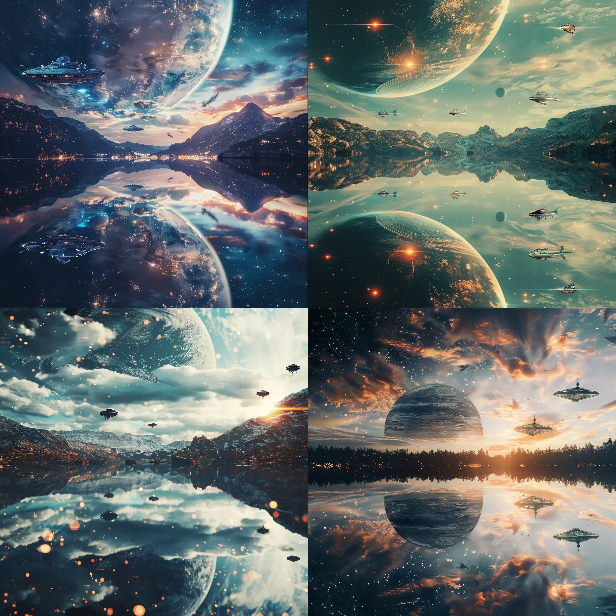  Фантастическая планета, космический пейзаж, озеро, отражение, на небе космические корабли, 8k, плёночная фотография, ультодетализация, рассеяние света, резкий фокус, высокая детализация 