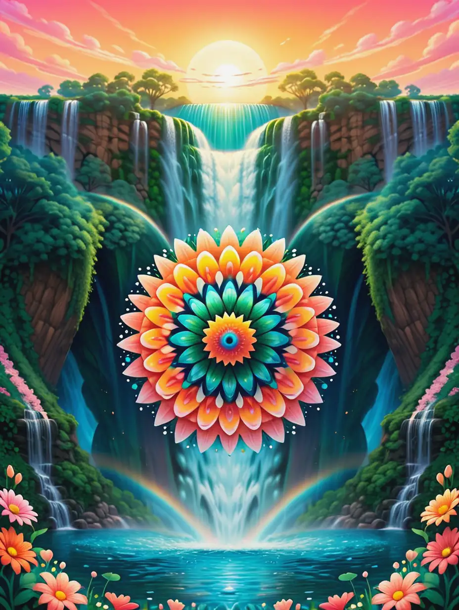 Psychedelic-Mandala-Art-with-Waterfall-Sunset-and-Spring-Flowers