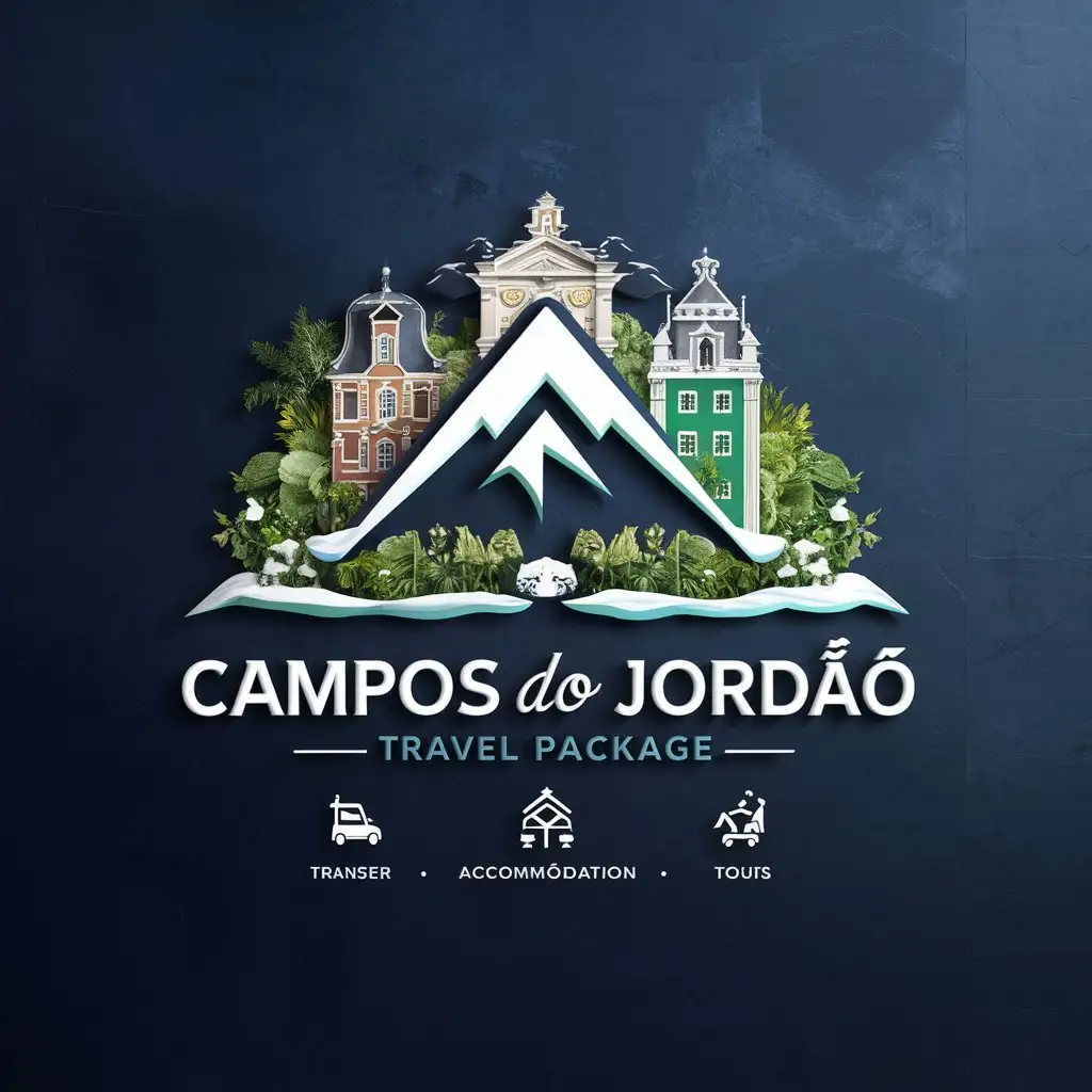 /imagine Create an elegant and inviting logo for a travel package to Campos do Jordão, which includes transfer, accommodation, and tours. The logo should convey a sense of luxury, comfort, and adventure, highlighting typical elements of Campos do Jordão such as mountains, European architecture, and lush nature. Use a color palette that evokes the cold climate of the region, with shades of blue, green, and white. Incorporate icons that represent transfer, accommodation, and tours, and add a modern and sophisticated touch to the design
