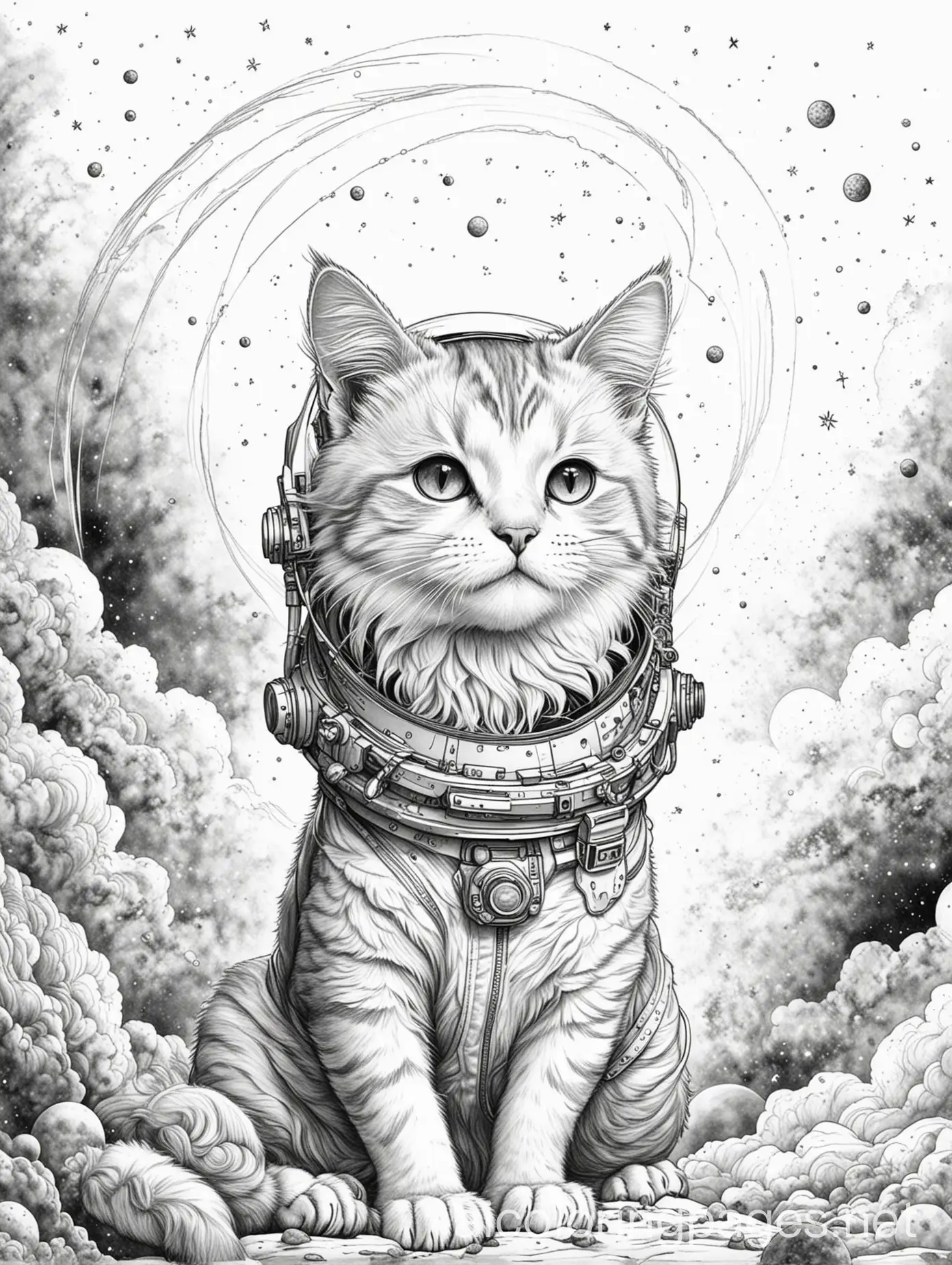 a cat at space, Coloring Page, black and white, line art, white background, Simplicity, Ample White Space