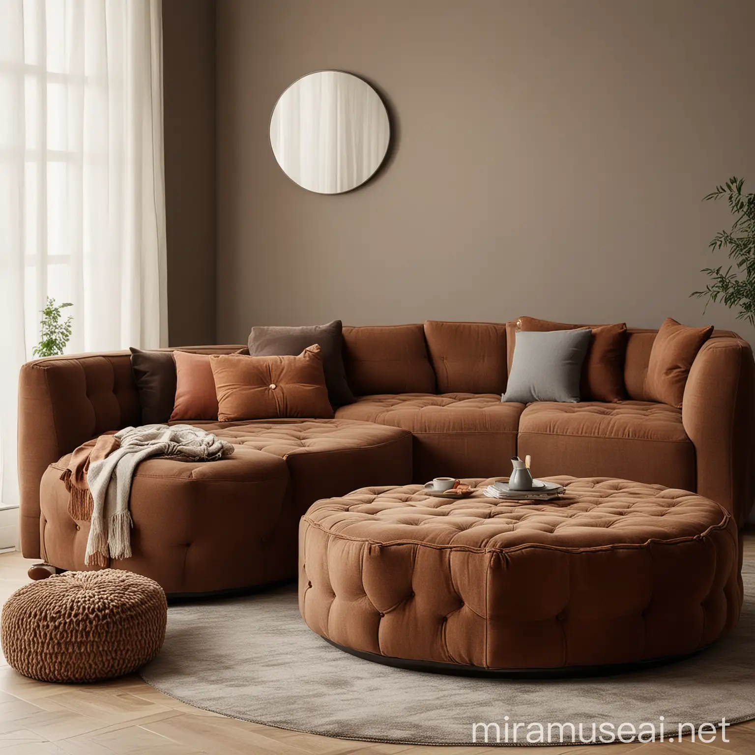 Bej tonda bir oturna odasında, kahverengi tonlarda bir kanepe tasarla. Kanepenin kumaşı pürüzlü, minik altıgen desenlerde olsun