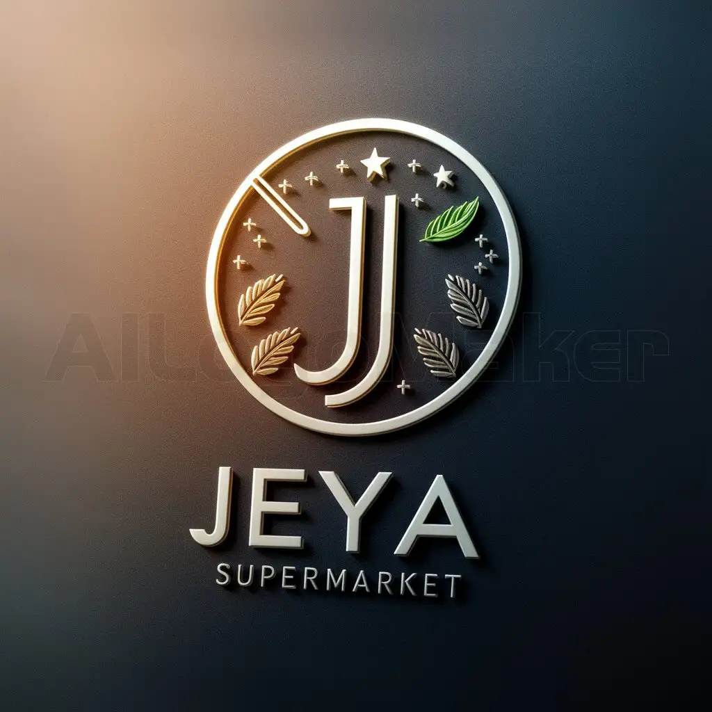 a logo design,with the text "Jeya supermarket", main symbol: The Jeya Supermarket logo is a blend of simplicity and sophistication, designed to convey trust, quality, and reliability. At the center of the logo is an elegant and stylized letter "J," crafted with clean lines and a modern font. The "J" stands out prominently, serving as the focal point of the design. Surrounding the letter "J" is a circular emblem, symbolizing unity and completeness. Within this emblem, subtle yet impactful elements such as stars, leaves, or abstract patterns may be incorporated, representing the diversity of products available at Jeya Supermarket. The color palette chosen for the logo is typically warm and inviting, with shades of blue, green, or red commonly used to evoke feelings of trust, freshness, and vitality. The overall design exudes professionalism and attention to detail, reflecting Jeya Supermarket's commitment to providing customers with a seamless shopping experience and high-quality products. (No translation required),complex,be used in Others industry,clear background