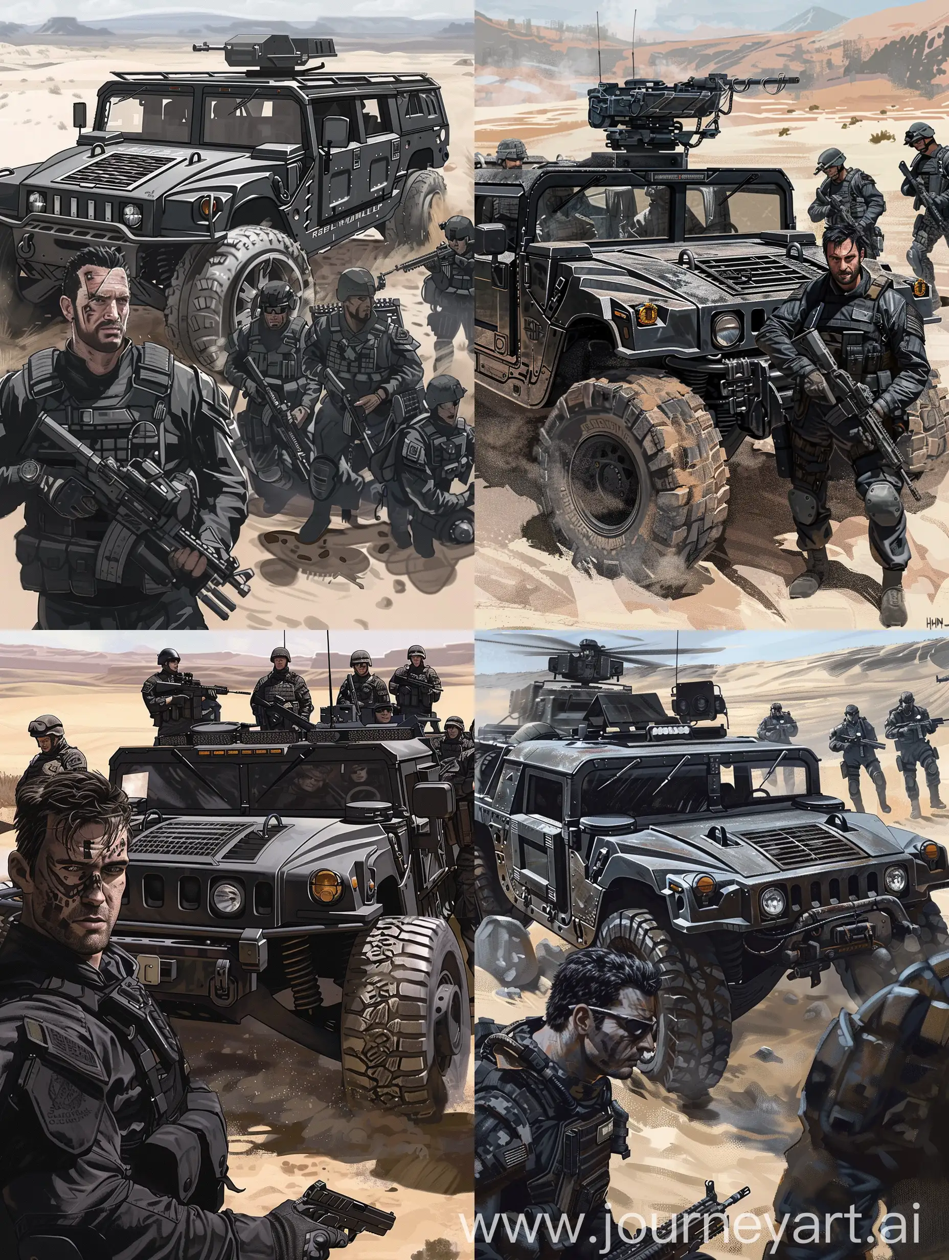 A group of soldiers dressed in black and in front of them Josh Dummel is wearing a black military uniform and has a gun in his hand, in the background the Rescue H2 HUMMER car has a black military design, black and gray color predominance, the soldiers' vehicle is the H2 HUMMER rescue car, drawn in Concept art style, desert view in the background, daytime, There is iron armor in front of the H2 Hummer, the vehicle wheels are large tires with thick treads, the vehicle is high, Josh Dummel is in the foreground as a soldier, there are 3 soldiers behind him.    https://i.hizliresim.com/aaxjxcu.png