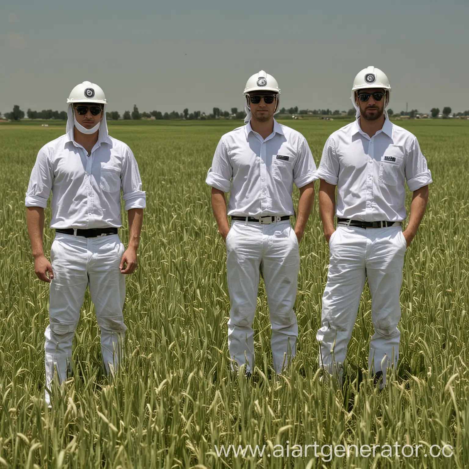 Three-Men-in-Sunglasses-and-Helmets-Standing-in-Green-Field-with-Grain