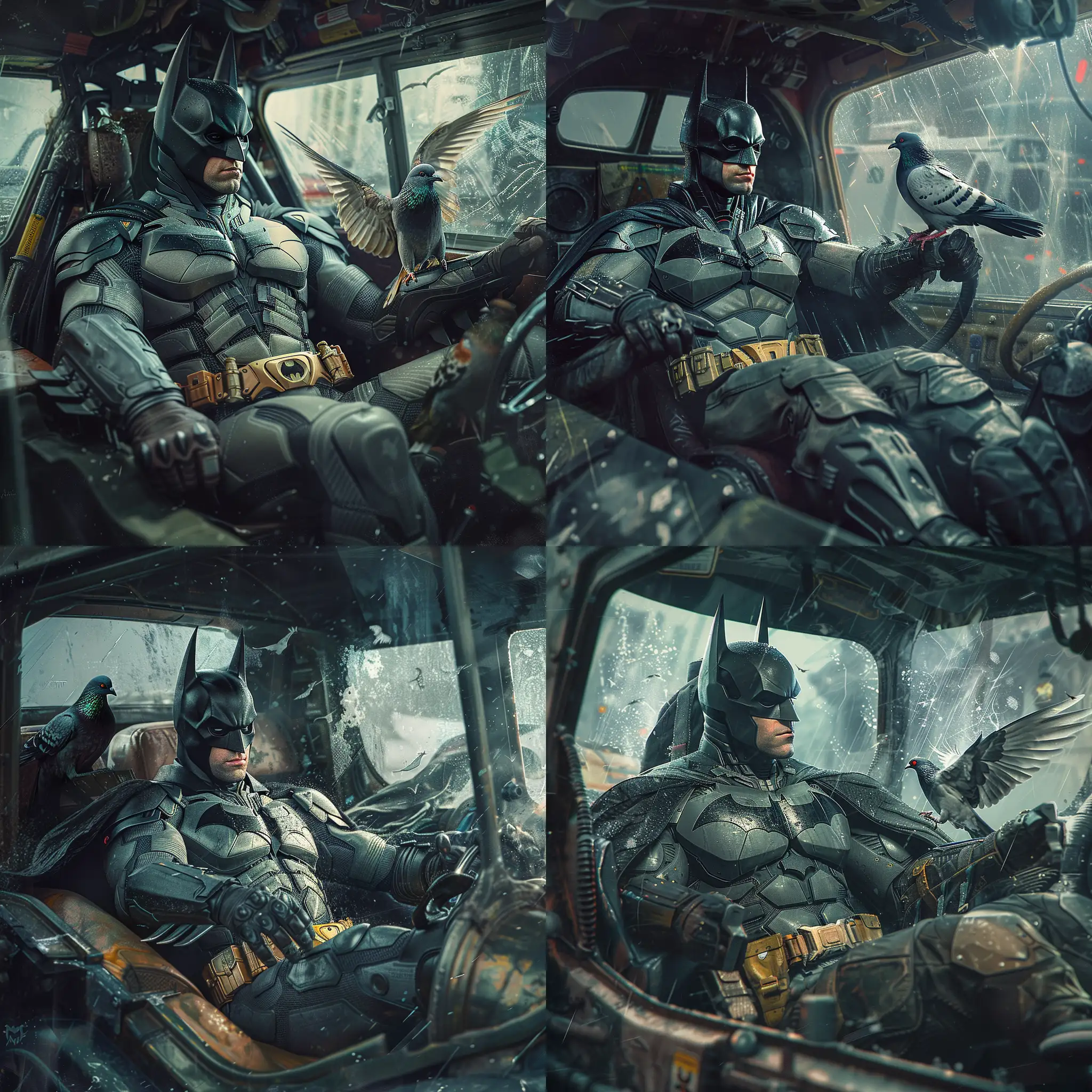 Batman in batmobile with a pigeon in the passenger seat. Cinematic, heroic