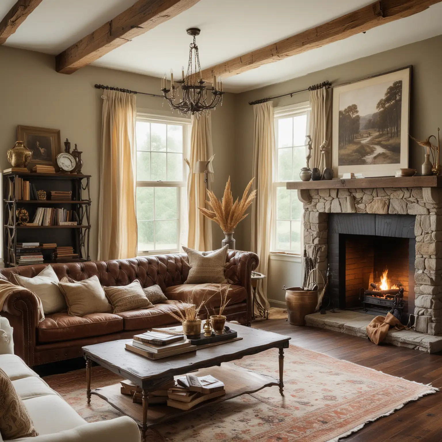 A wide shot of Elegant Farmhouse: A sophisticated farmhouse living room with dark wooden floors, a stone fireplace with a wooden mantle, and high ceilings with exposed beams. The room features a mix of classic and modern furniture, including a velvet sofa with embroidered pillows, a glass coffee table with brass accents, and an antique chandelier. Large windows with heavy linen curtains frame a picturesque landscape. A vintage side table holds a brass lamp and a stack of leather-bound books, while large ceramic vases with dried wheat stalks add a rustic touch.
