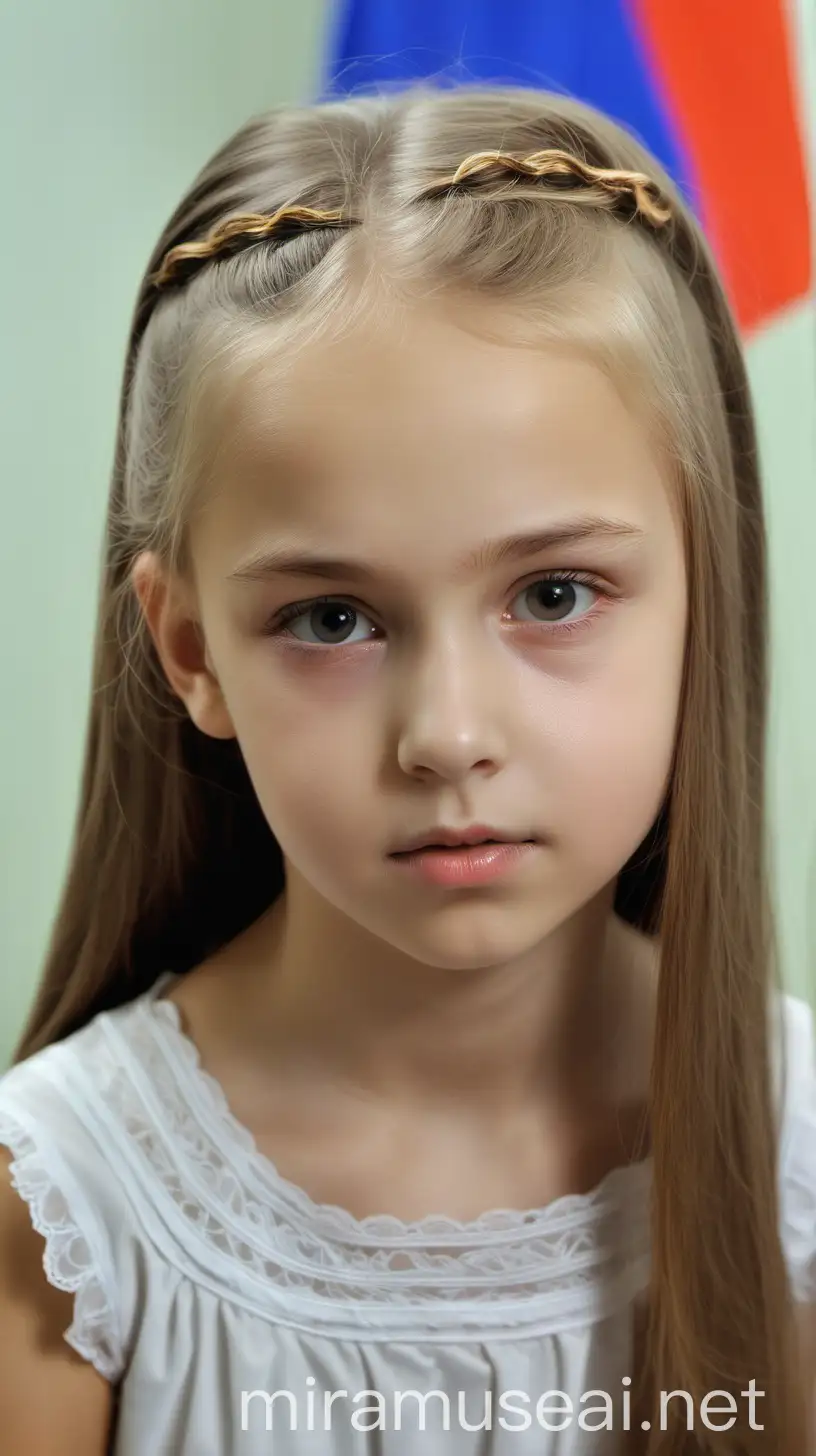 Innocent 12YearOld Russian Girl with Hairpin in Classroom CloseUp Portrait