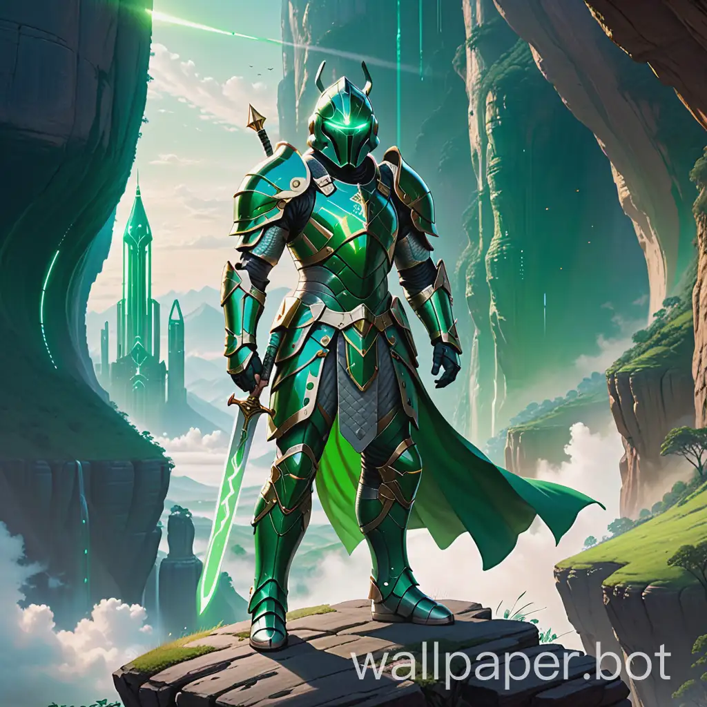 nouveau full body portrait of a guardian knight, in green futuristic armor seemingly inspired by eastern culture, standing over a cliff side, looking onwards sword in scabbard, overlooking a artistic representation of cyber space with fantasy elemnts