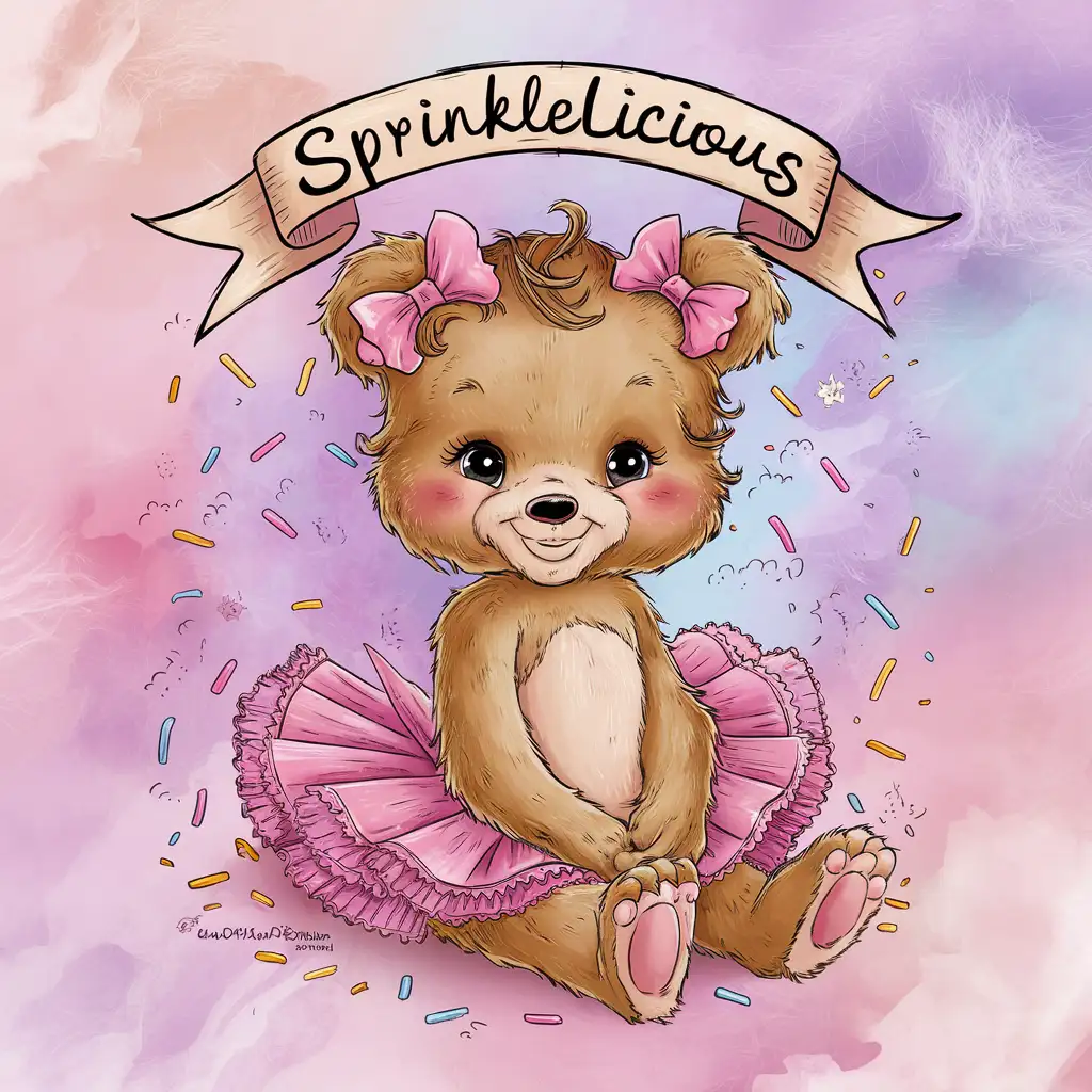 girl bear with tan fur wearing two pink bows on her ears and a tutu skirt sitting down with the words "sprinklelicious" above her
