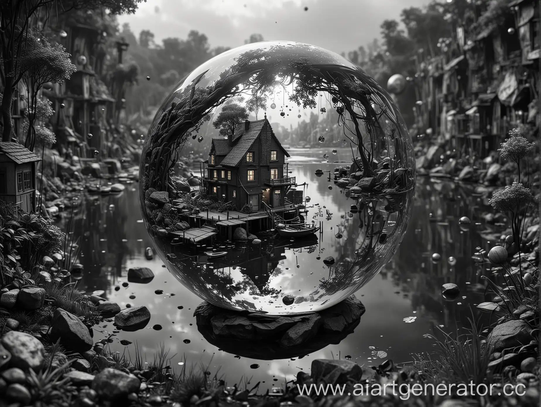 Glass-Sphere-Floating-in-Monochrome-Urbanistic-World-with-Magnificent-Vegetal-Landscape