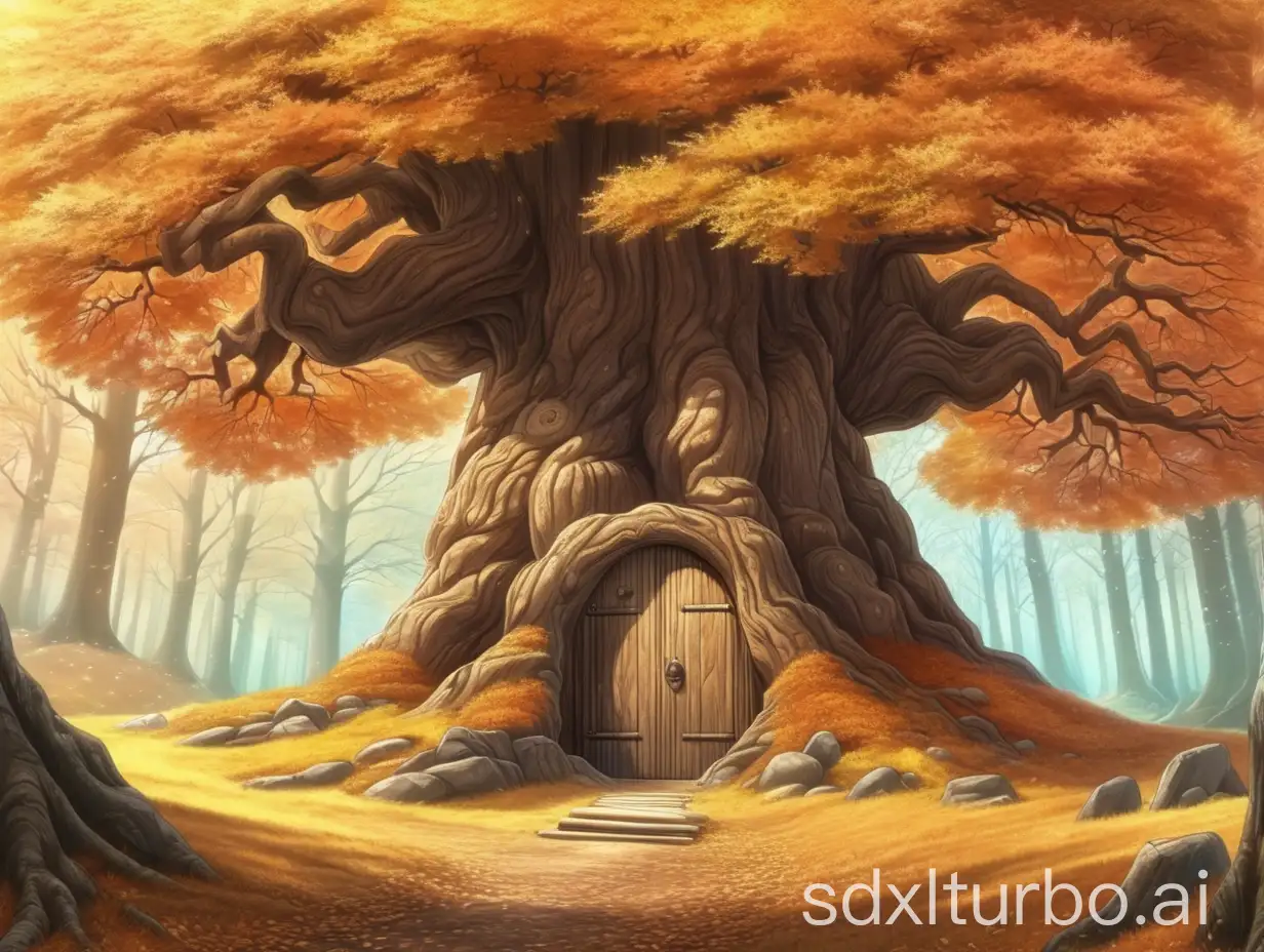 bosque otoñal donde se vea un arbol gigante con una puerta de madera estilo anime