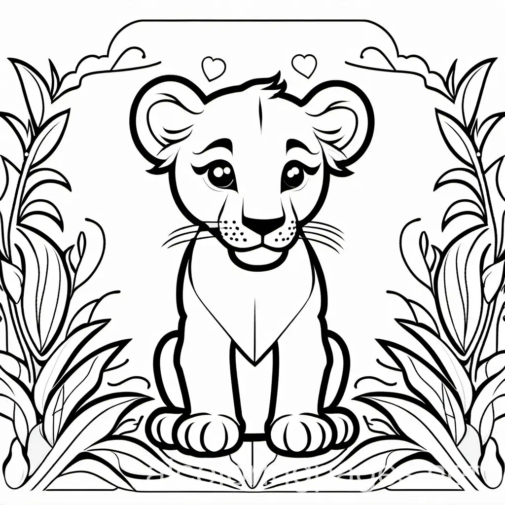 lion cub, Coloring Page, black and white, line art, white background, Simplicity, Ample White Space. The background of the coloring page is plain white to make it easy for young children to color within the lines. The outlines of all the subjects are easy to distinguish, making it simple for kids to color without too much difficulty