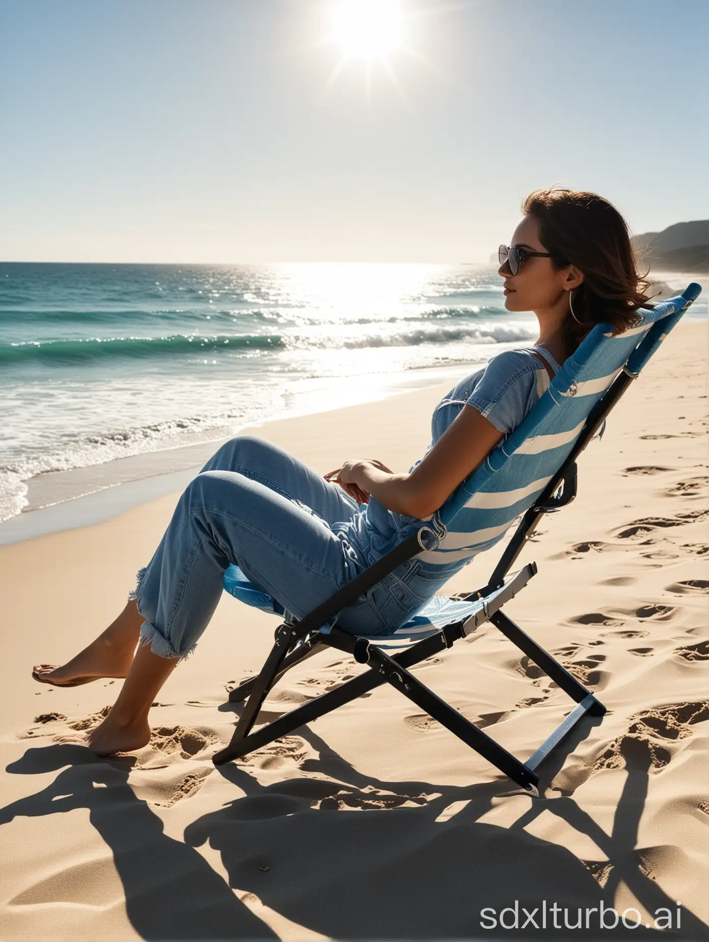The beach chair is pure blue, not blue and white alternating. The chair is facing away from us. The frame of the beach chair is black. A beautiful woman is sitting on the chair, wearing sunglasses. In the background, there is the ocean and sunlight.