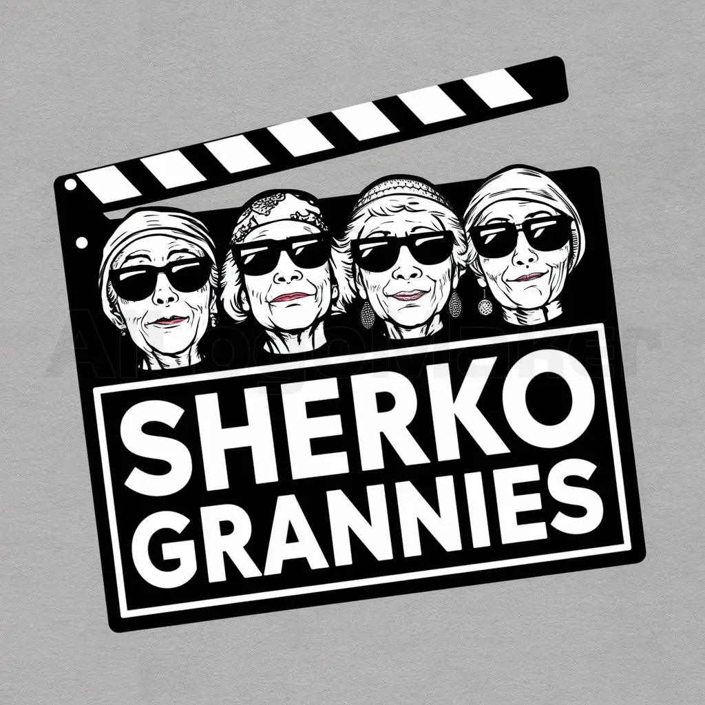 a logo design,with the text "SHERKO GRANNIES", main symbol:a logo design,with the text 'SHERKO GRANNIES', main symbol:4 different old jewish grannies with headcovers and sunglasses, in film clapper, in paul klee vibe,complex,clear background,complex,clear background