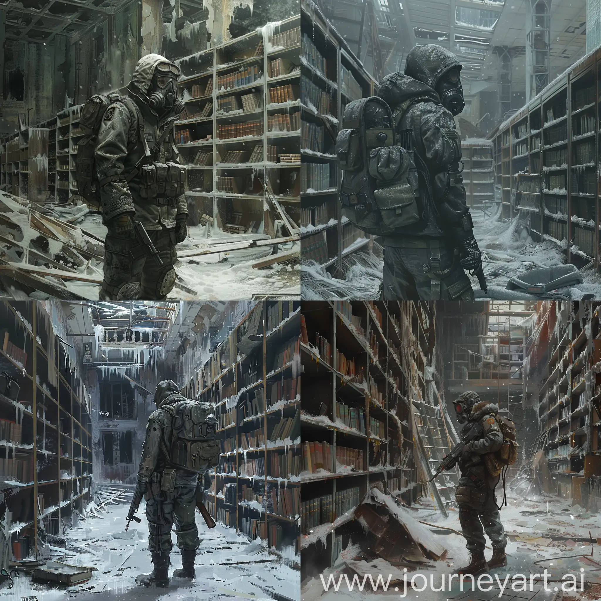 Make art of a survivor in the world of the post-apocalypse Metro 2033, a stalker stands inside a large destroyed Lenin library in a destroyed and radioactive winter Moscow, almost all shelves are destroyed or rotted, the stalker himself is wearing a radiation respirator, in a gray worker, slightly torn overalls, unloading with pouches on top of the overalls, belt, winter gloves, Soviet duffel bag on his back, he holds a pistol in his hand, a stalker in a fighting, tense pose.