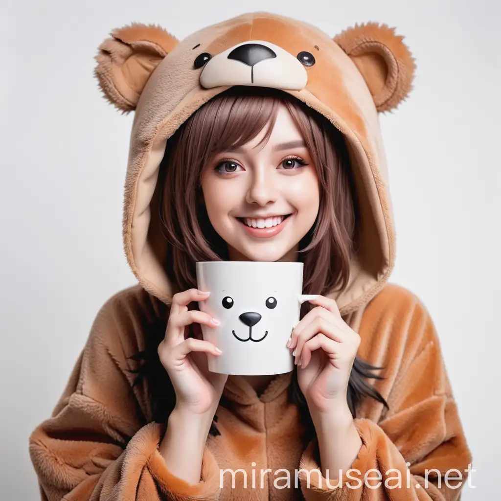Smiling Girl in Bear Cosplay Holding White Cup