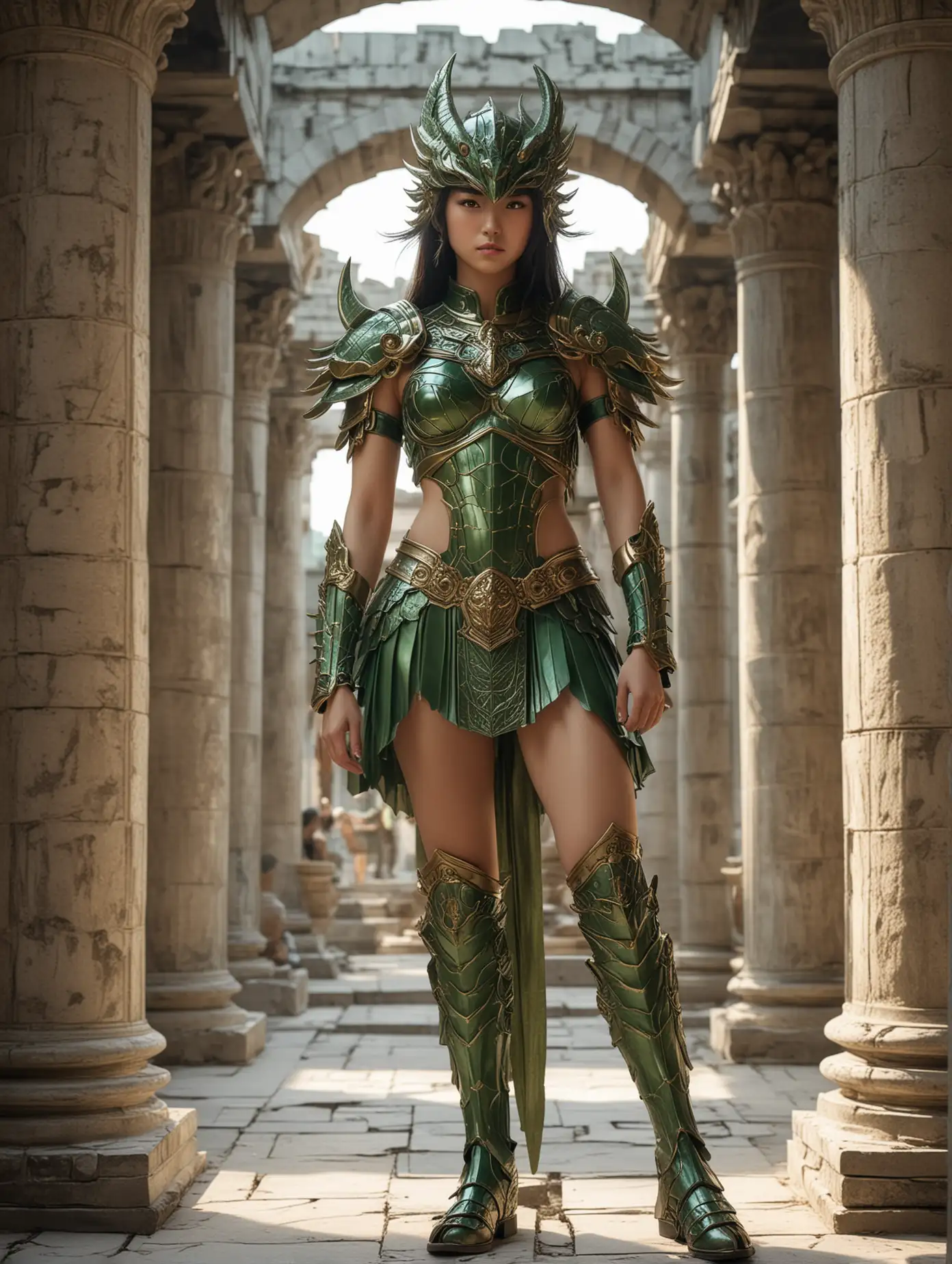 Realpicture Sexy strong Chinese girl with dragon's green bronze light armor, helmet and skirt in saint seiya style, half-nude, in a Greek temple, full body, best quality, master, realistic face, best quality, Portrait of a boy, realistic 4k, 18k