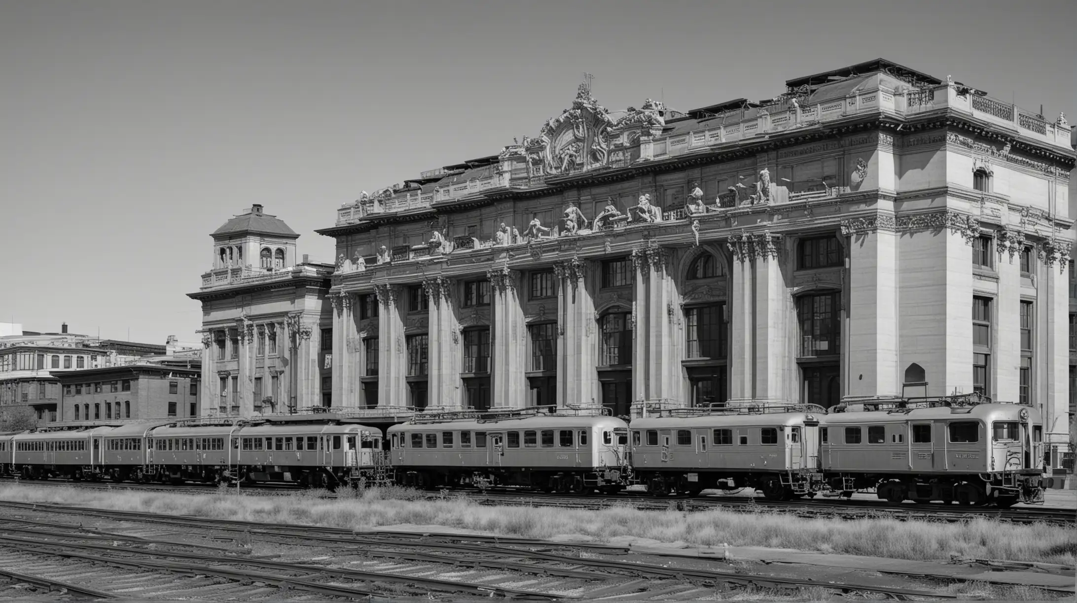 1930s Beaux Arts Railroad Terminal with Art Deco Locomotives and Passenger Cars in Monochrome