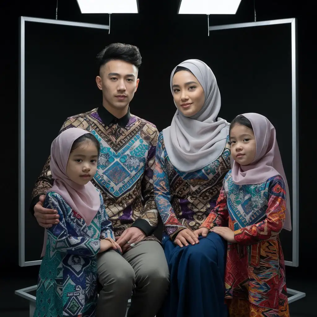 BatikClad Family Portrait in Studio Parents and Children in Hijabs
