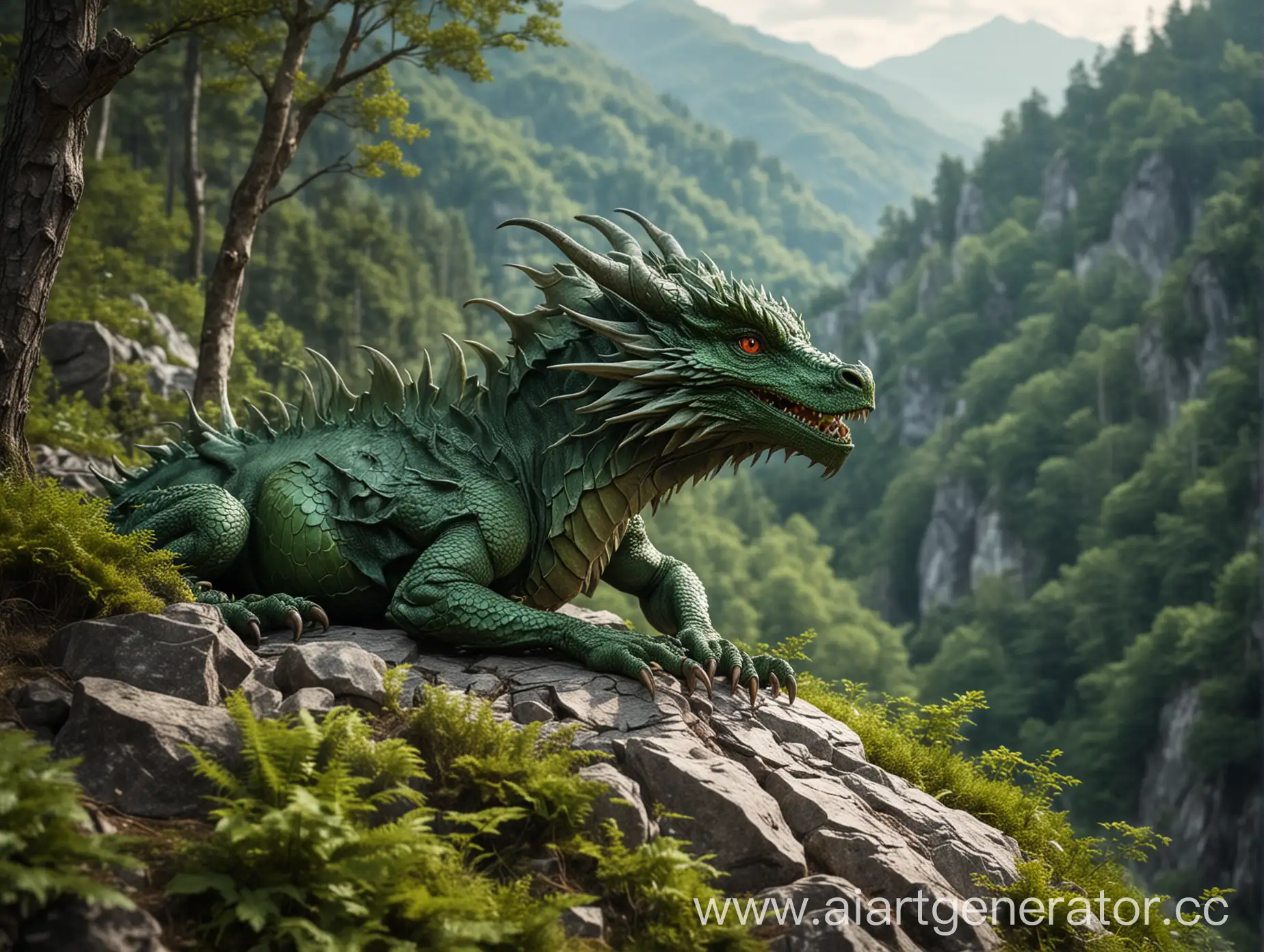 Majestic-Green-Forest-Dragon-Resting-on-a-Mountain-Peak