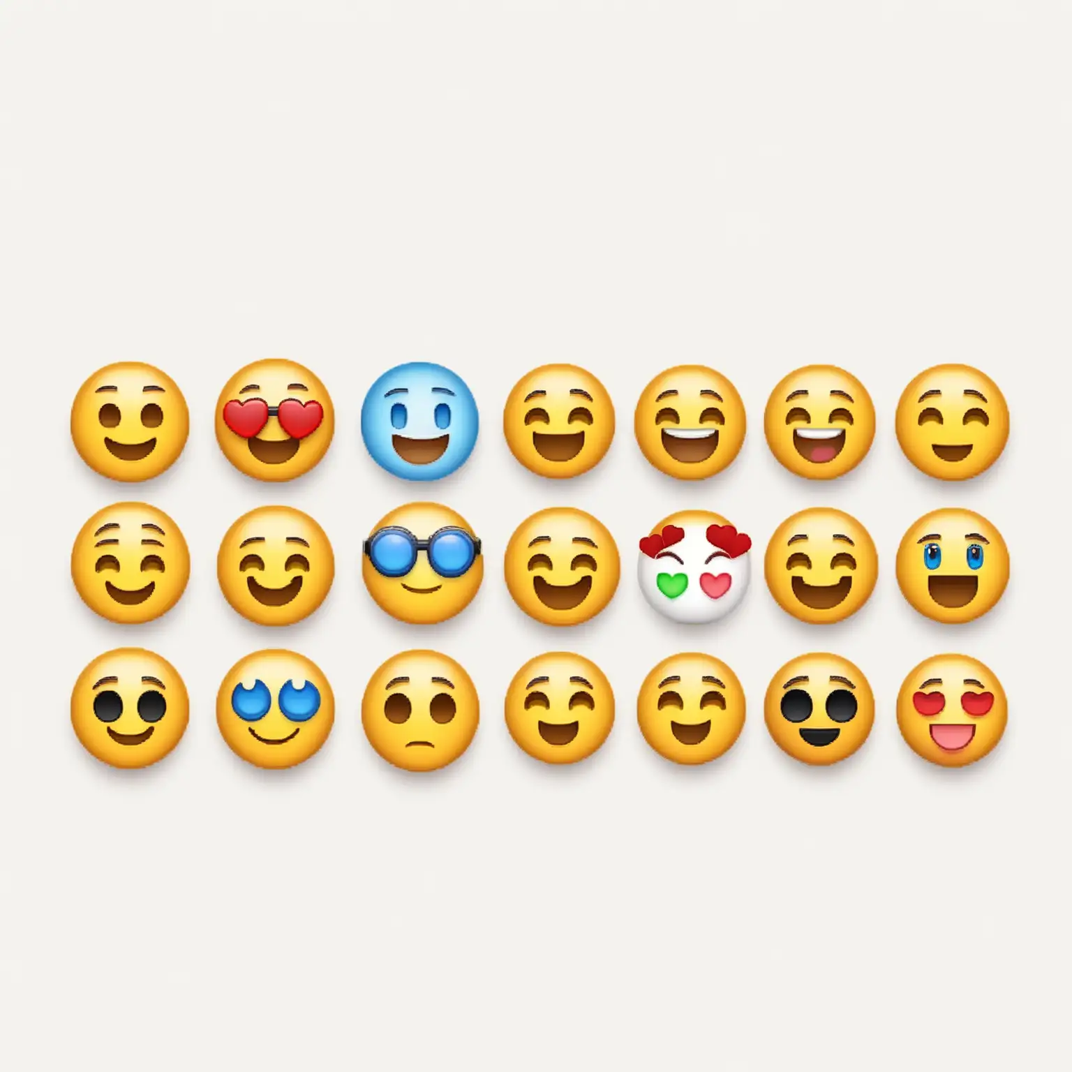 Erstelle eine Übersicht verschiedener Emojis, auf weißem Hintergrund