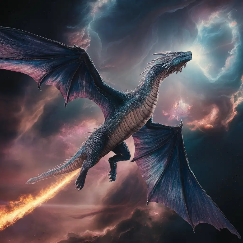A majestic dragon soaring through a nebula-filled sky.